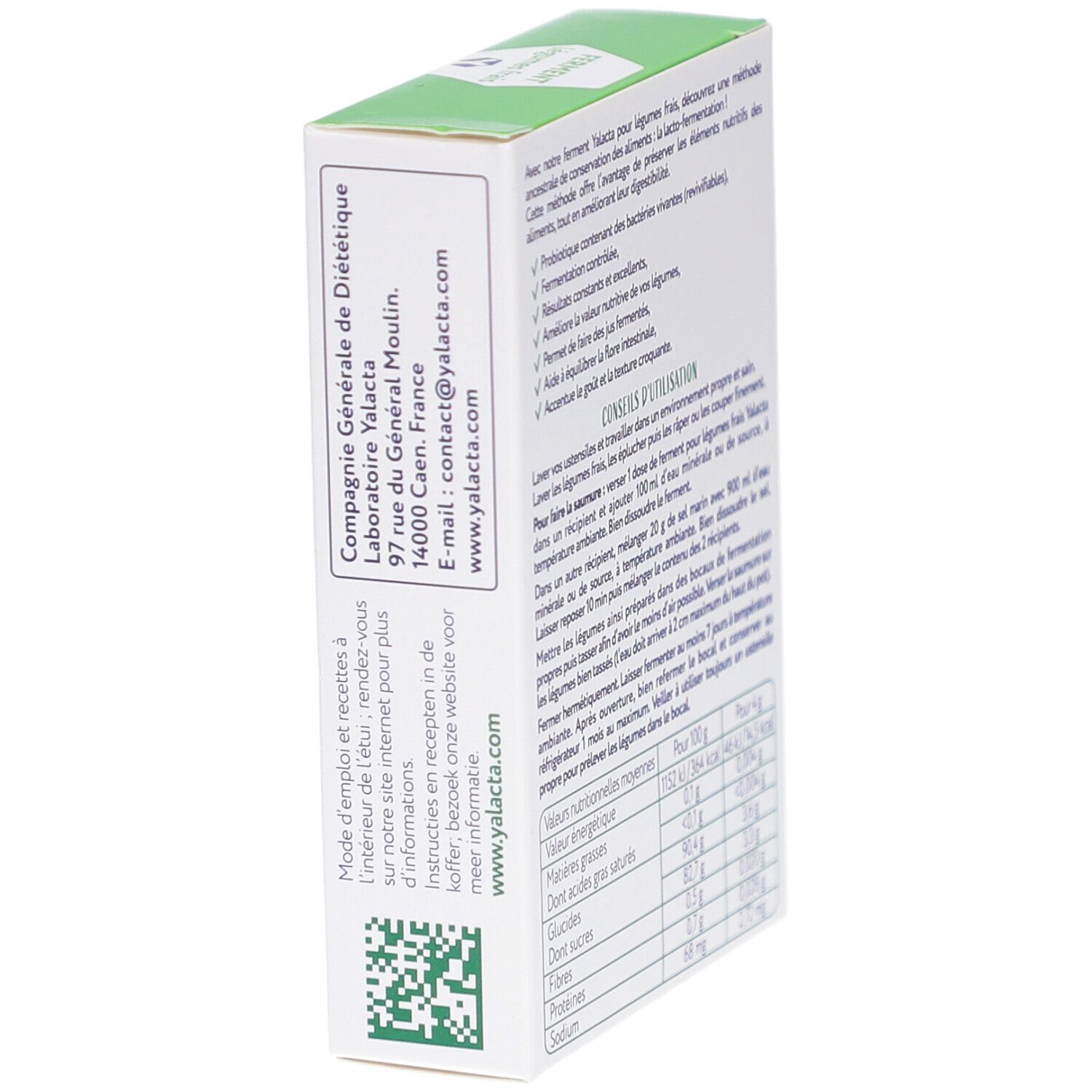 Vue latérale de la boîte Yalacta Ferment. Coordonnées et code QR. Texte en français.