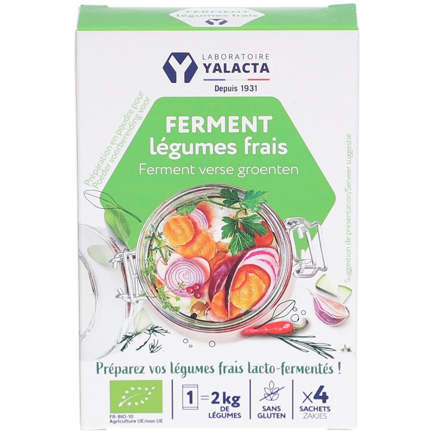 Boîte Yalacta Ferment, vue de face. Design vert avec légumes. Contient 4 sachets. Certification bio.