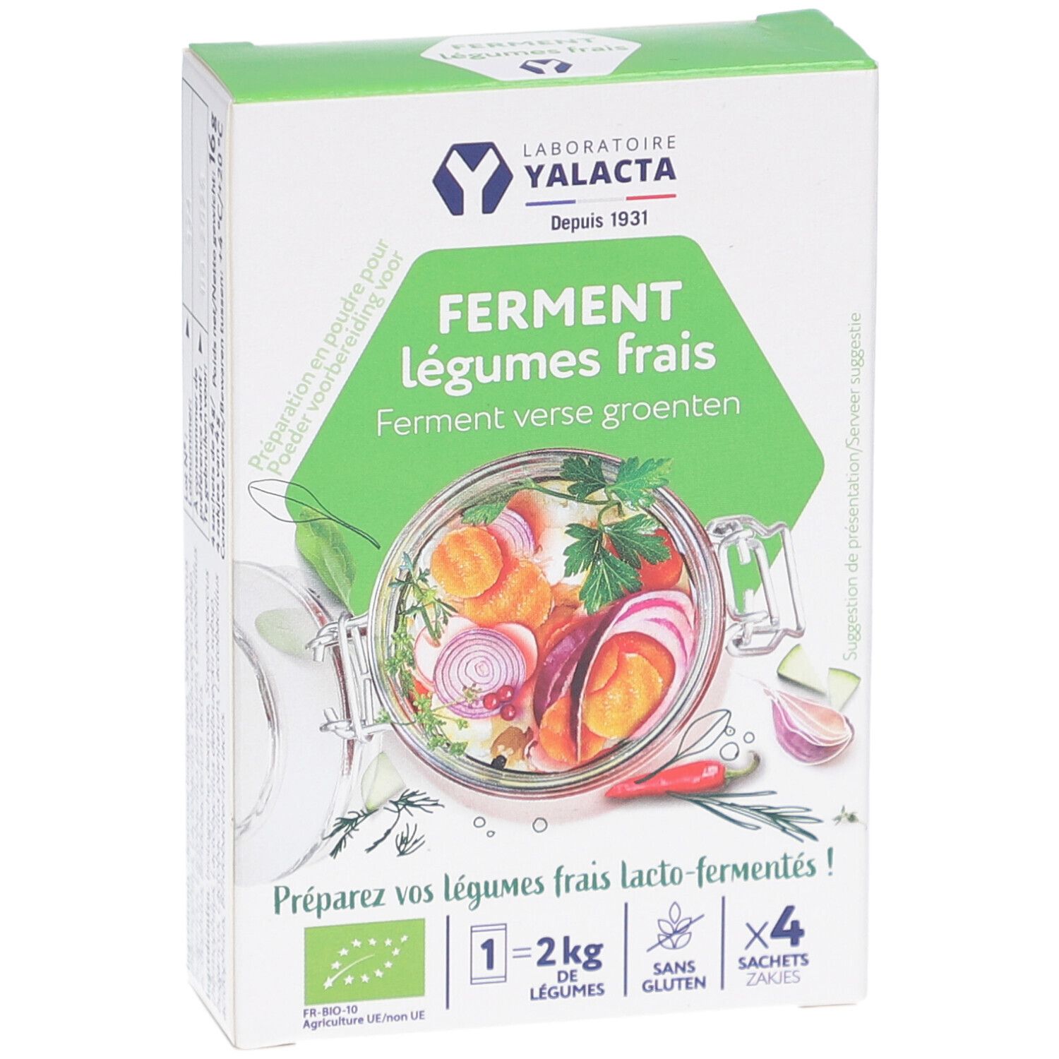 Boîte Yalacta Ferment, légèrement en biais. Design vert avec légumes. Contient 4 sachets. Certification bio.