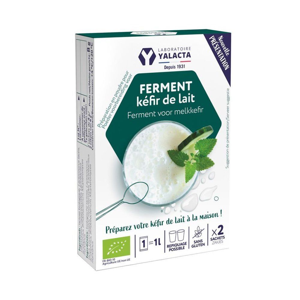 Boîte en carton avec logo et nom du produit. Contient deux sachets. Texte : Ferment pour kéfir de lait. Label bio.