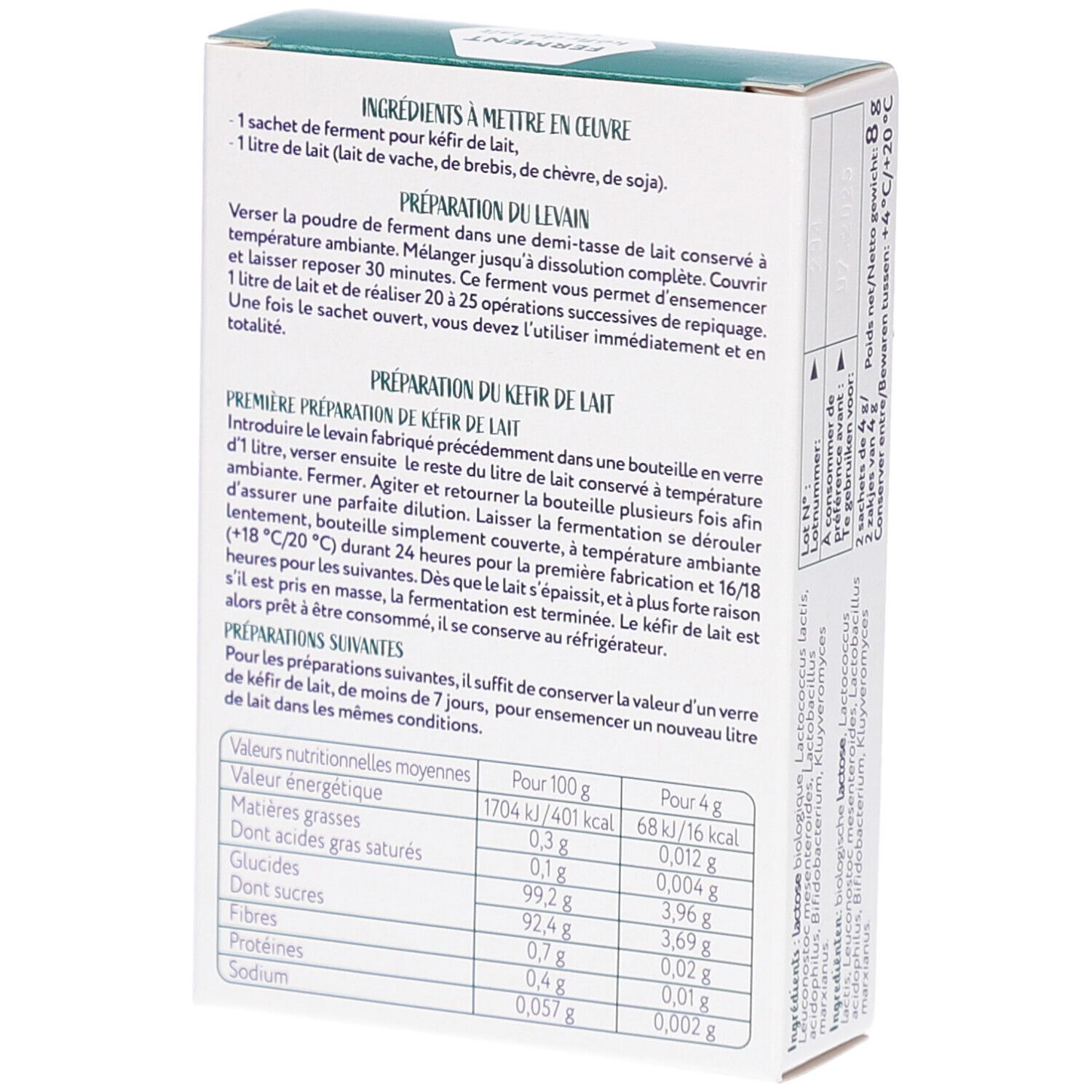 Dos de la boîte en carton. Contient des instructions de préparation et des informations nutritionnelles. Texte : Ferment pour kéfir de lait.