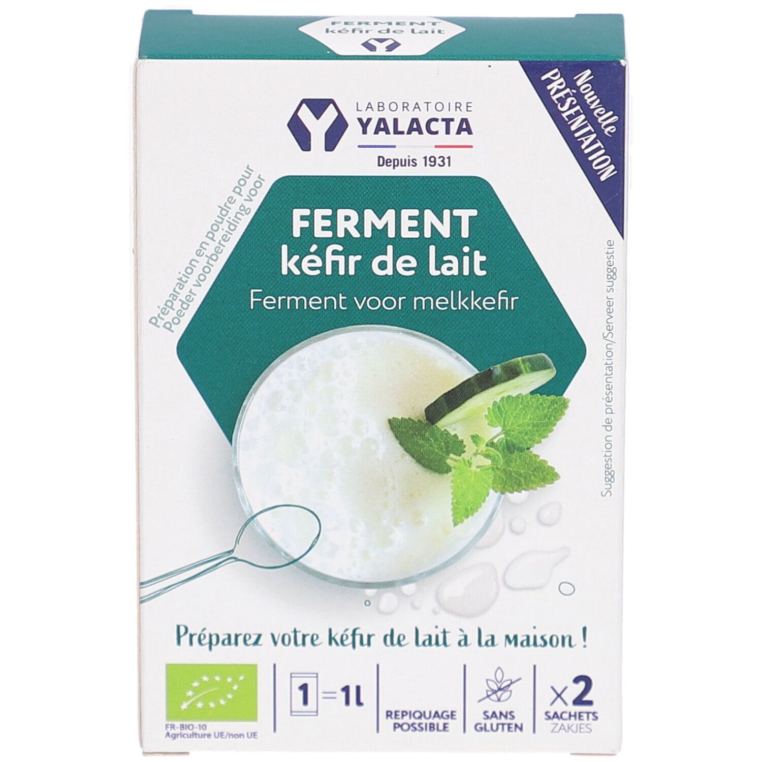 Boîte en carton avec logo et nom du produit. Contient deux sachets. Texte : Ferment pour kéfir de lait. Label bio.