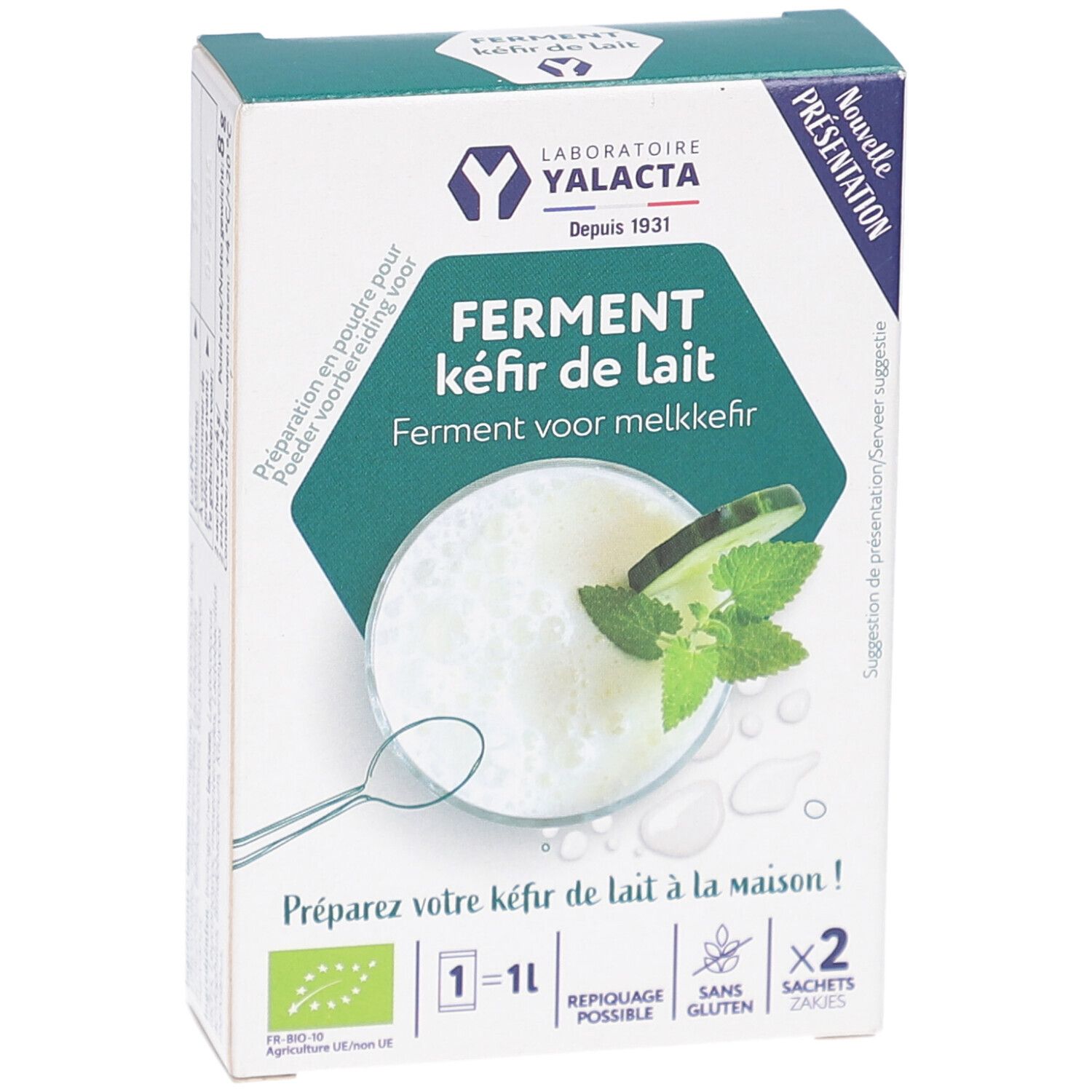 Boîte en carton avec logo et nom du produit. Contient deux sachets. Texte : Ferment pour kéfir de lait. Label bio.