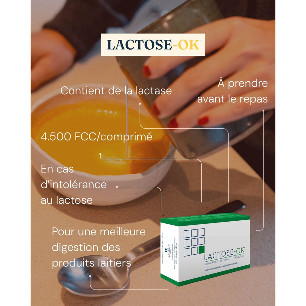 Emballage Lactose-OK et texte. Améliore la digestion des produits laitiers. Contient de la lactase. Dosage variable.