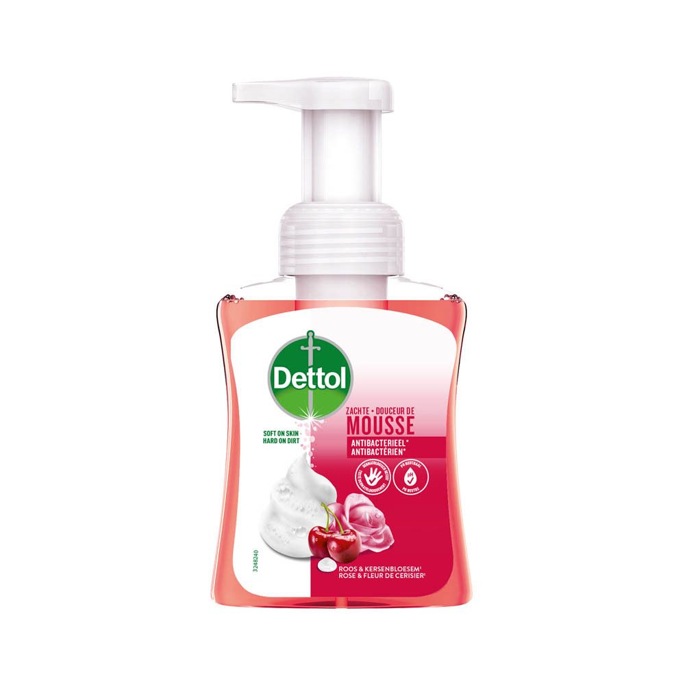 Flacon de savon liquide rose avec pompe. Logo Dettol et nom du produit. Cerises et fleurs.
