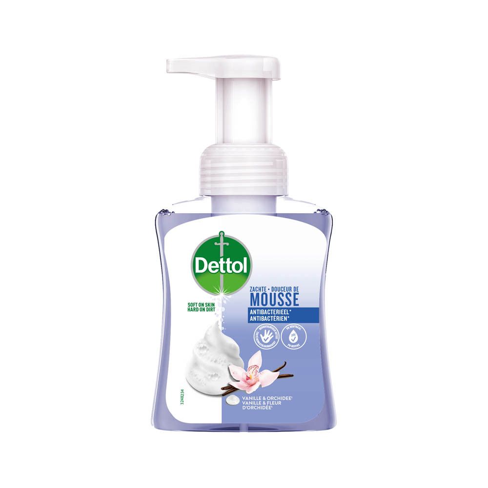Flacon avec pompe. Logo Dettol et nom du produit. Mousse antibactérienne parfum vanille et orchidée.