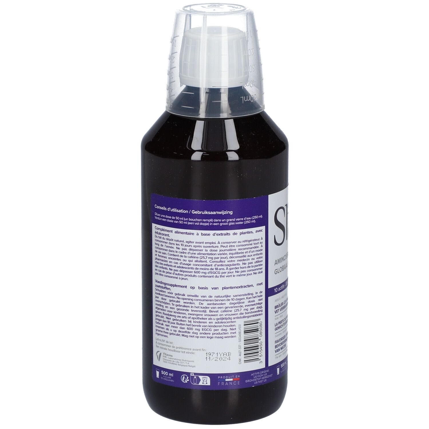 Dos d'une bouteille de liquide foncé. Texte: Mode d'emploi. Slim Shot, Amincissant Global. Code-barres.