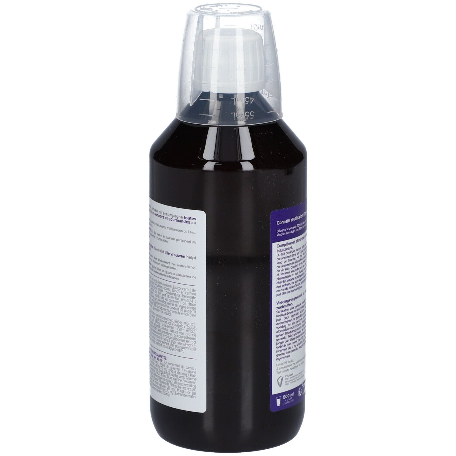 Dos d'une bouteille de liquide foncé. Texte: Conseils d'utilisation. Slim Shot, Amincissant Global. Code-barres.