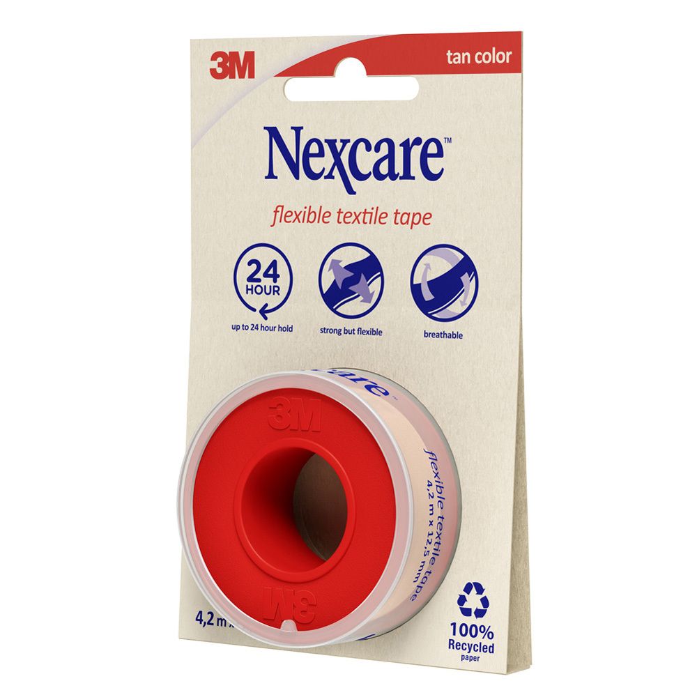 Emballage de ruban textile Nexcare. Rouleau avec noyau rouge et ruban beige. 4,2 m x 12,5 mm.