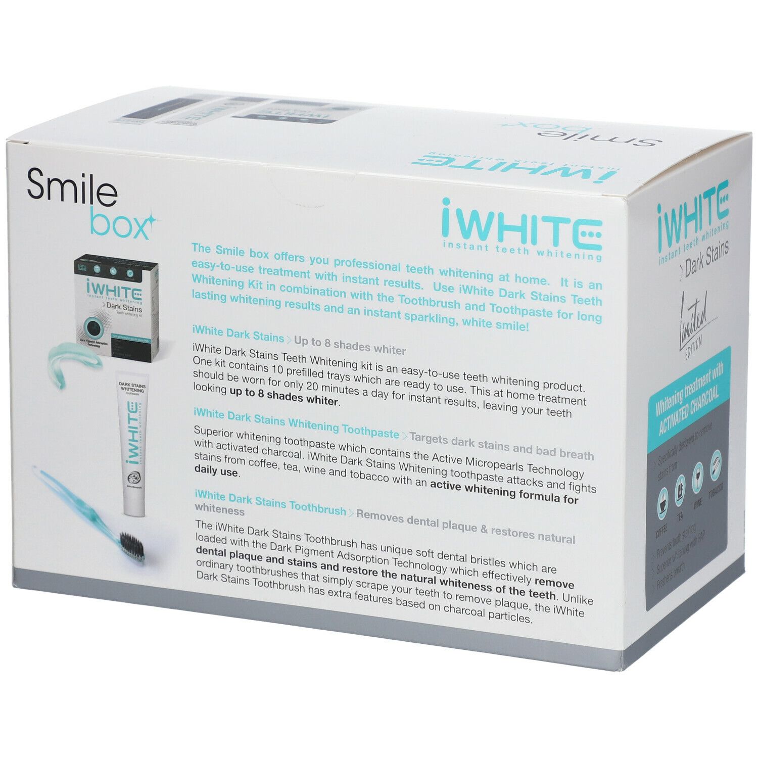 Coffret iWhite Smile Box. Boîte blanche avec texte. Contient dentifrice, brosse à dents et blanchiment. Inscription : iWhite Dark Stains.