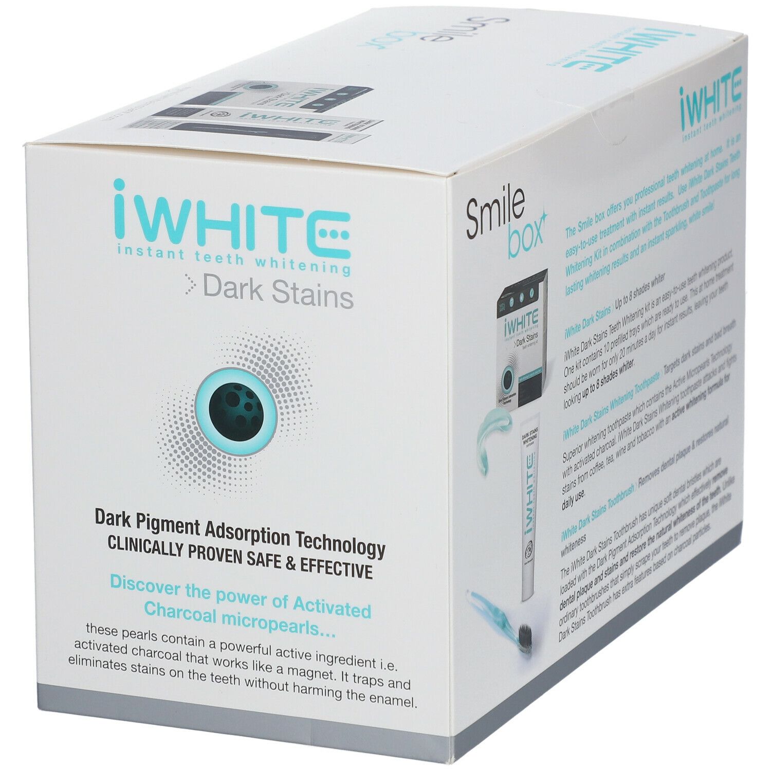 Coffret iWhite Smile Box. Boîte blanche avec texte. Contient dentifrice, brosse à dents et blanchiment. Inscription : iWhite Dark Stains.