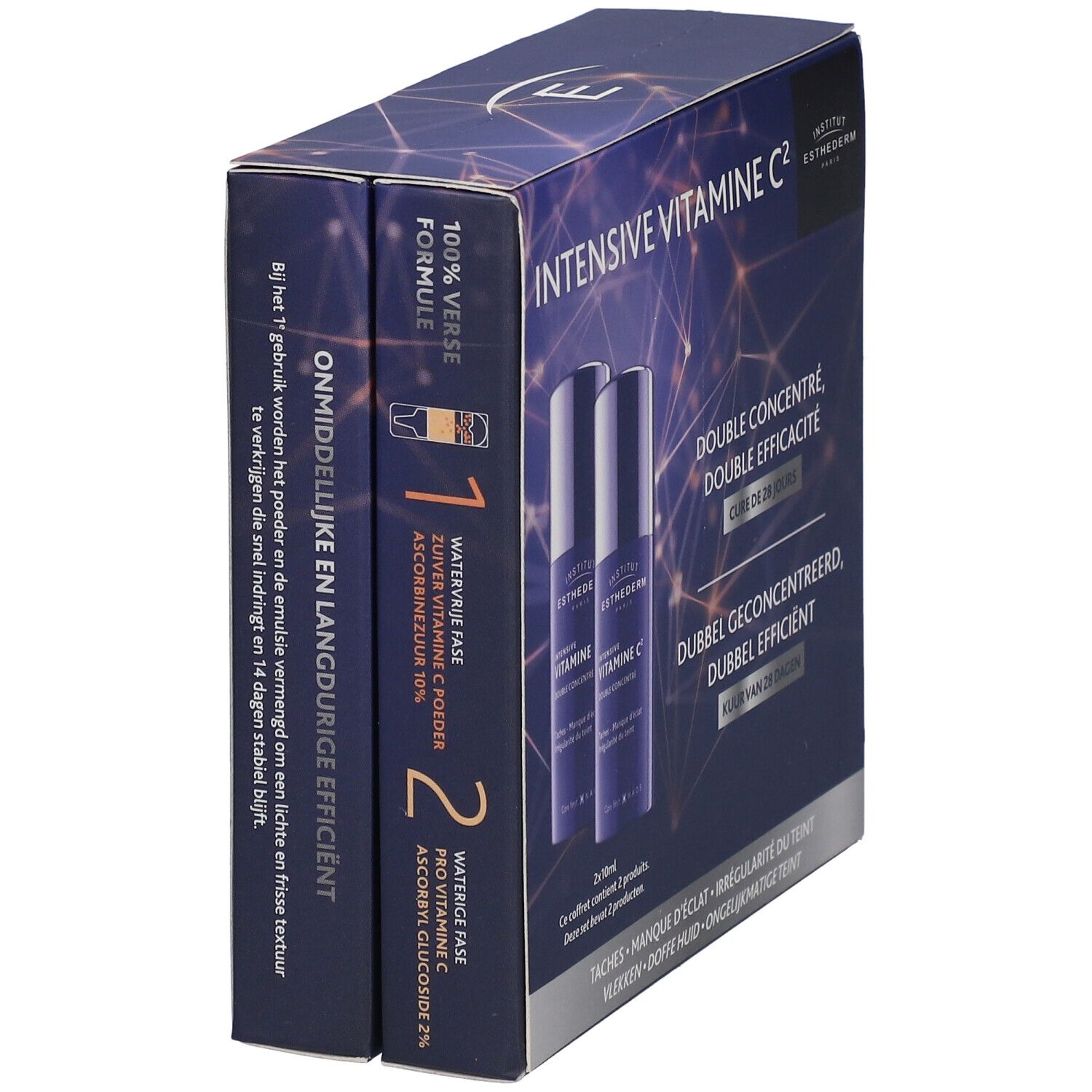 Coffret avec deux flacons. Inscription: Intensive Vitamine C². Double concentré. Institut Esthederm Paris. 2x10ml. Formule 100%.