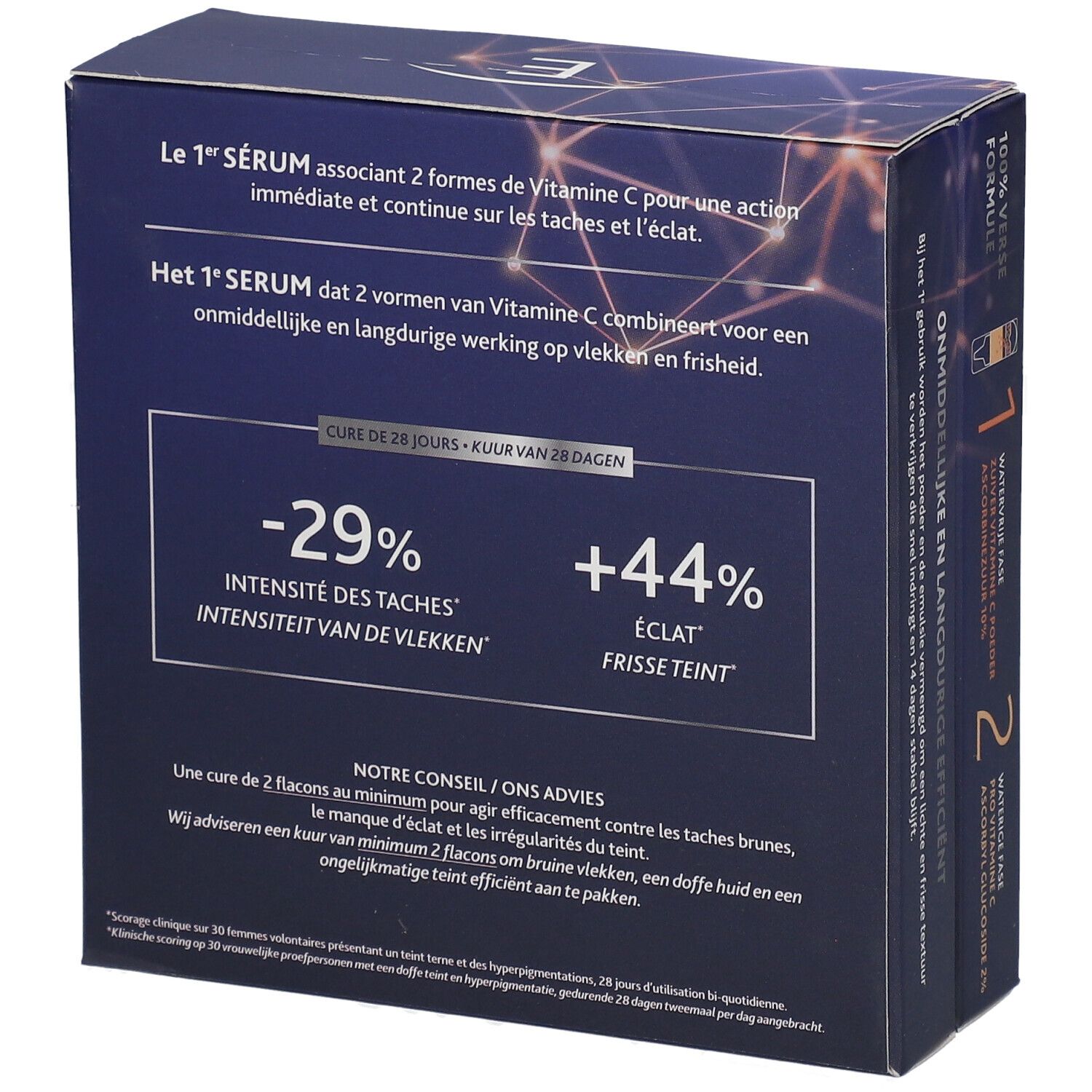 Coffret avec deux flacons. Inscription: Intensive Vitamine C². Double concentré. Institut Esthederm Paris. 2x10ml. -29% Intensité.