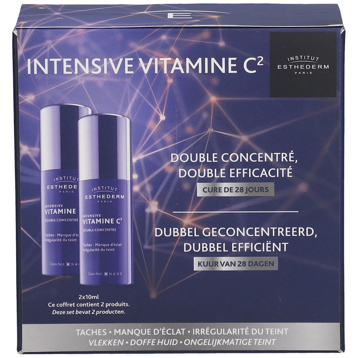 Coffret avec deux flacons. Inscription: Intensive Vitamine C². Double concentré. Institut Esthederm Paris. 2x10ml.