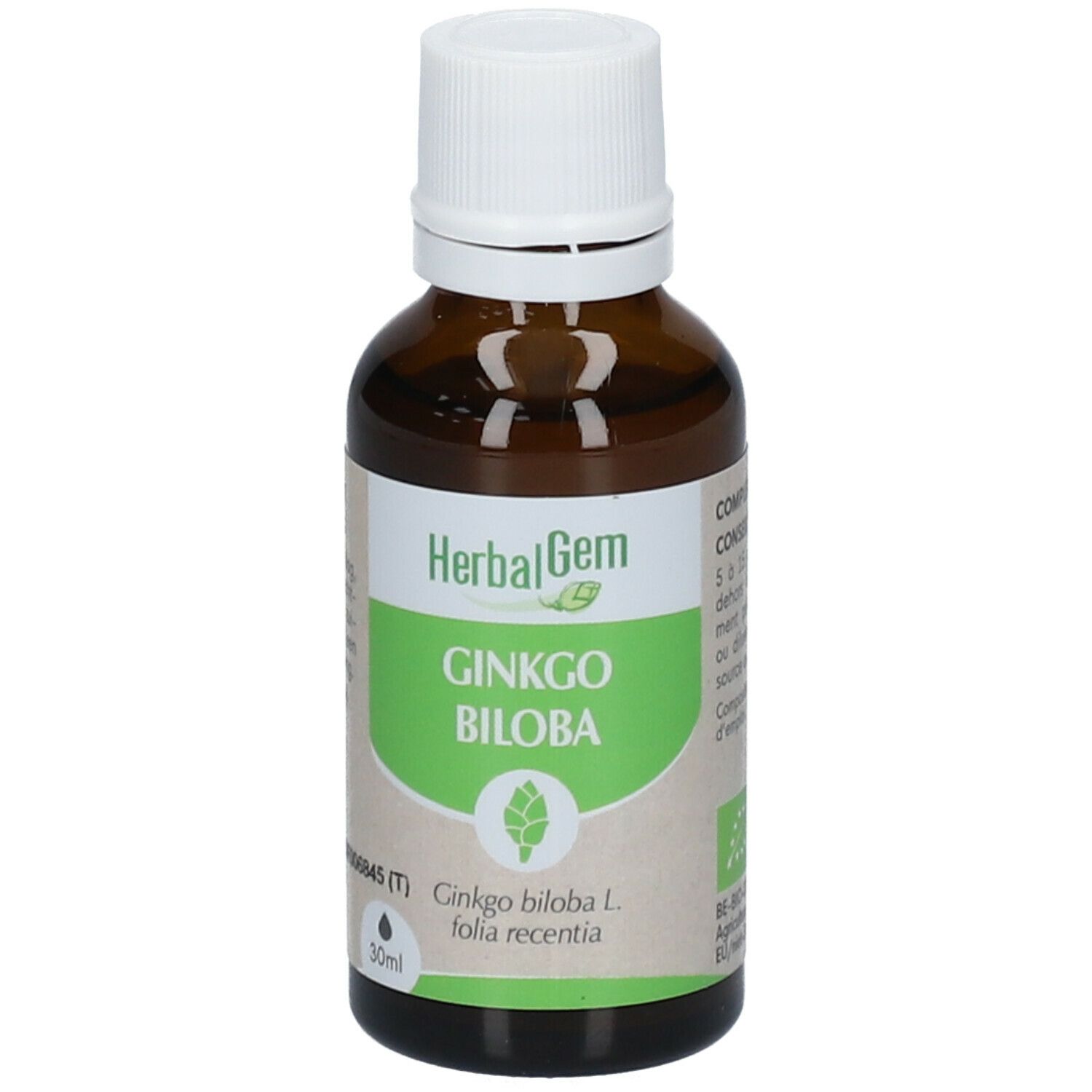 HERBALGEM - Ginkgo Biloba Bio - Complément Alimentaire  - Extrait De Bourgeon Frais - Pour Circulation Sanguine, Mémoire & Concentration - 30 ml