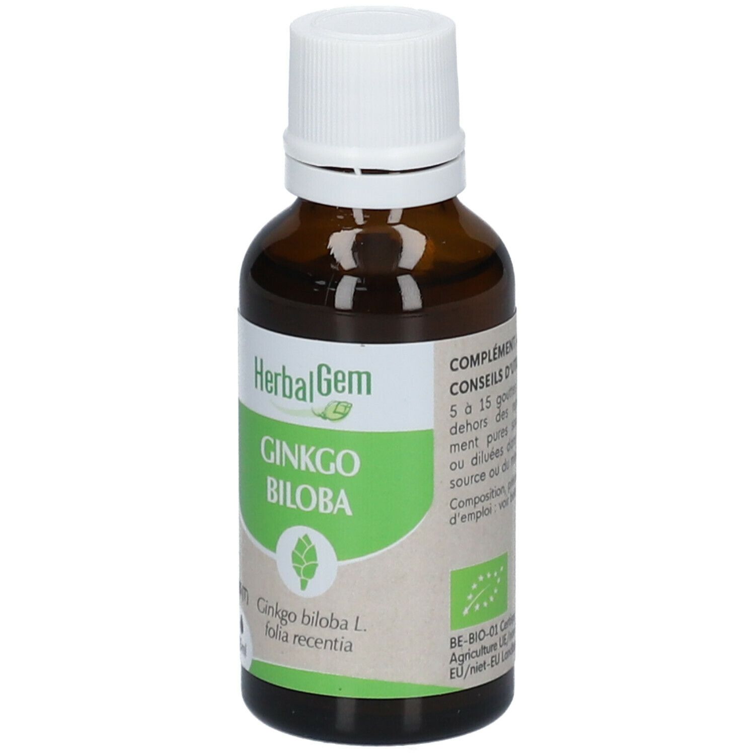 HERBALGEM - Ginkgo Biloba Bio - Complément Alimentaire  - Extrait De Bourgeon Frais - Pour Circulation Sanguine, Mémoire & Concentration - 30 ml