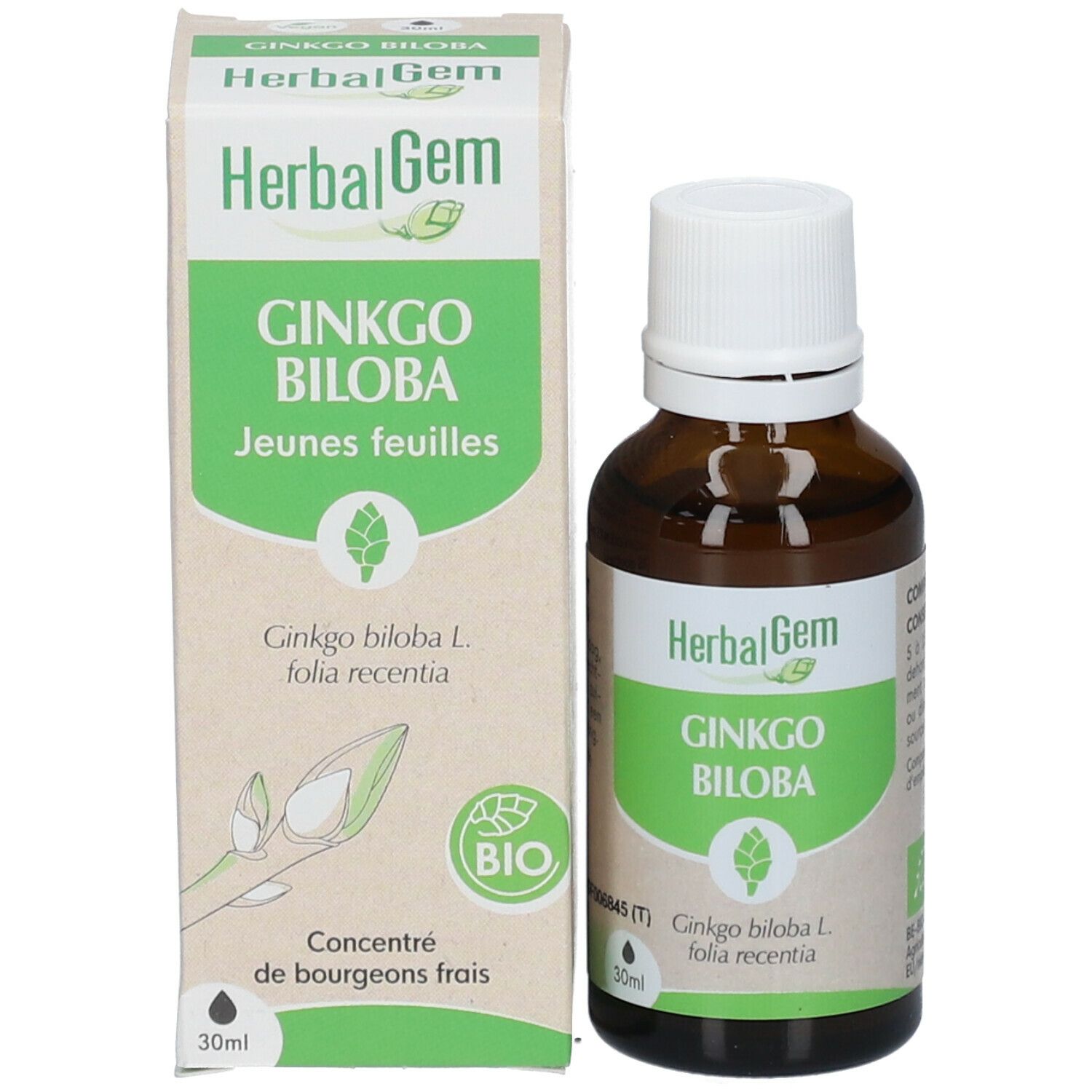 HERBALGEM - Ginkgo Biloba Bio - Complément Alimentaire  - Extrait De Bourgeon Frais - Pour Circulation Sanguine, Mémoire & Concentration - 30 ml