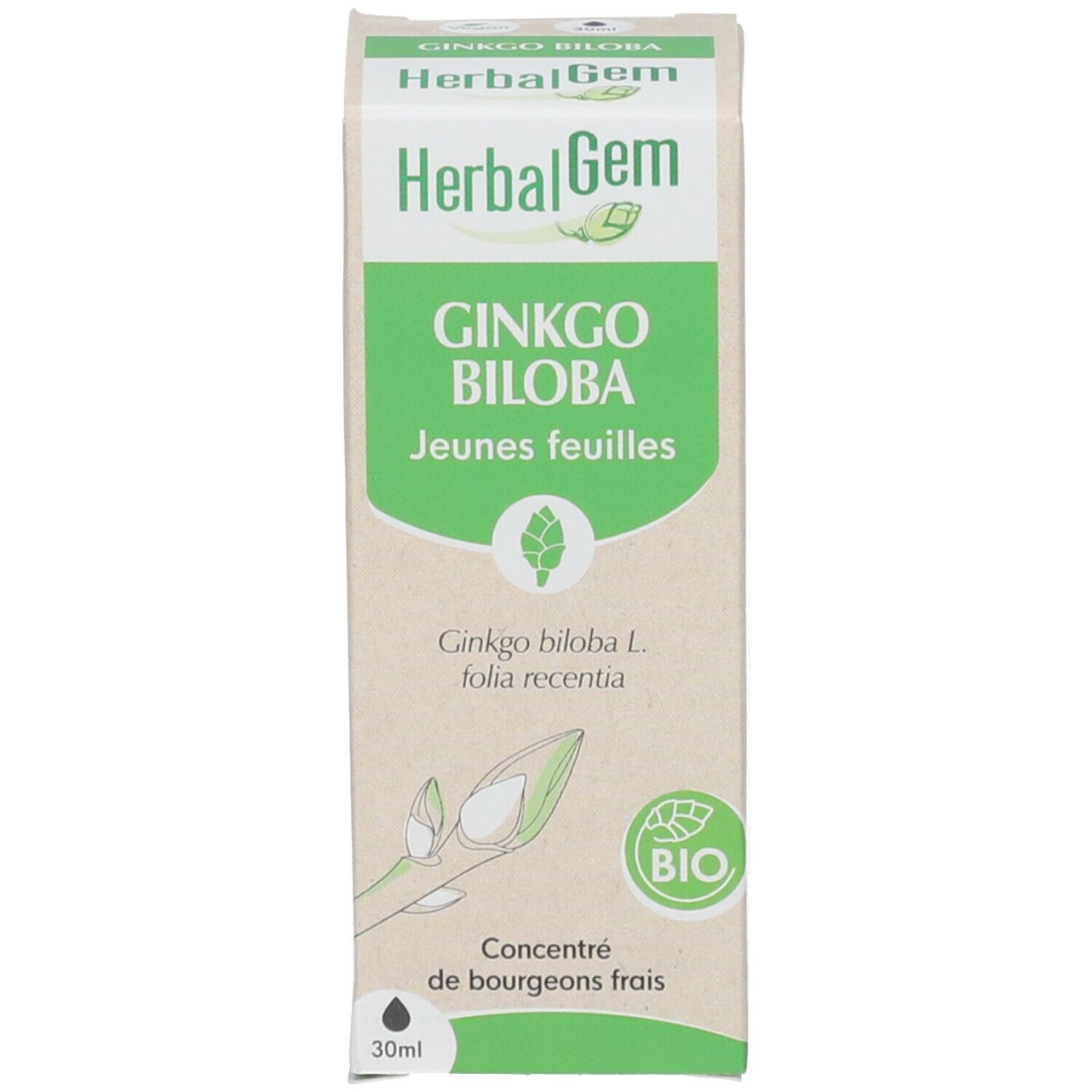 HERBALGEM - Ginkgo Biloba Bio - Complément Alimentaire  - Extrait De Bourgeon Frais - Pour Circulation Sanguine, Mémoire & Concentration - 30 ml