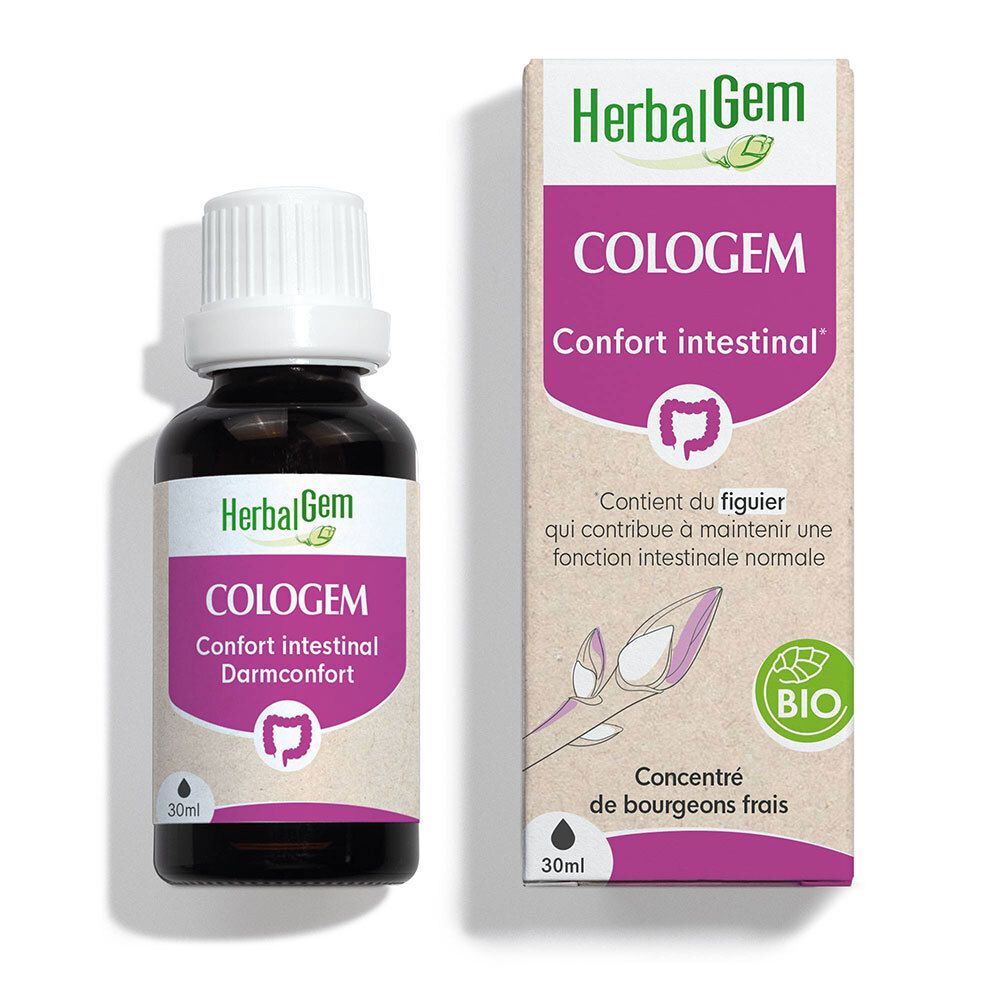 Flacon en verre brun, bouchon blanc, étiquette. HerbalGem Cologem, confort intestinal, 30ml. Label Bio.
