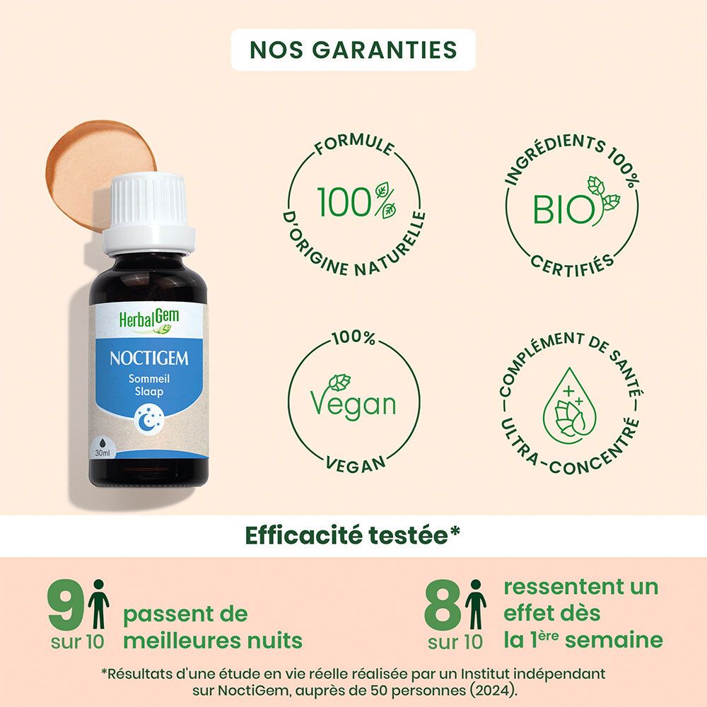 Flacon Noctigem. Ingrédients 100% naturels. Vegan. Certification BIO. Ultra-concentré.
