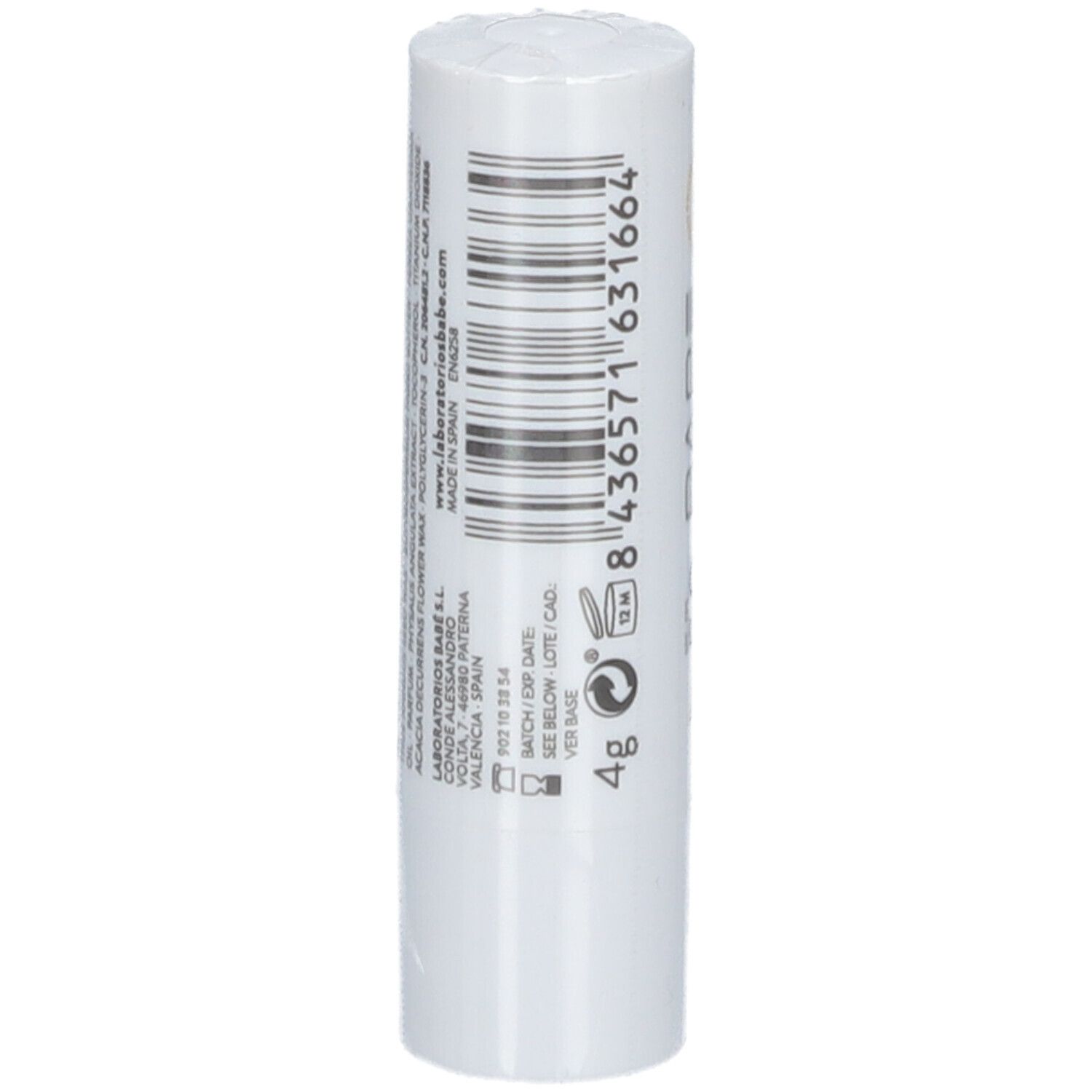 Stick de protection lèvres blanc avec code-barres, texte et informations de composition. 4g.