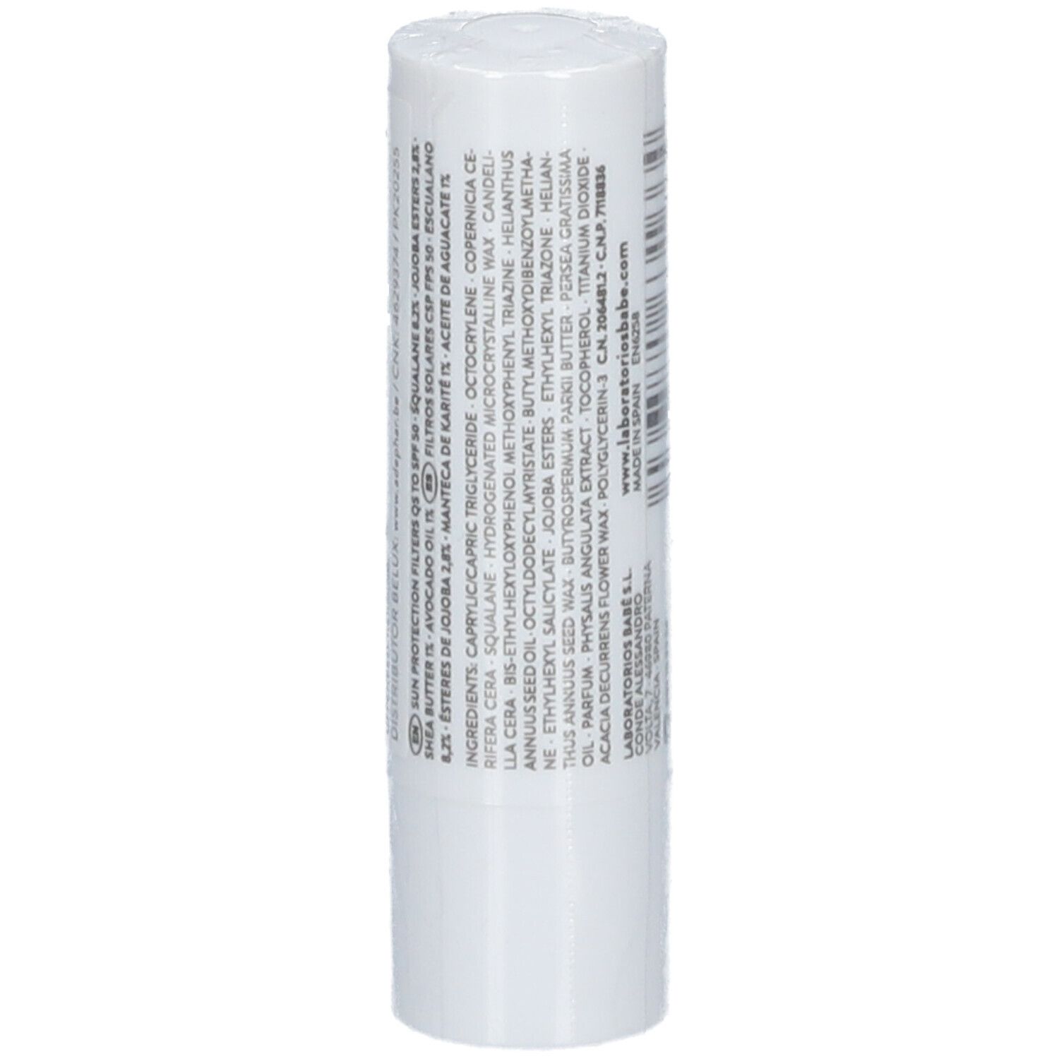 Stick de protection lèvres blanc avec texte sur la composition et informations du fabricant.