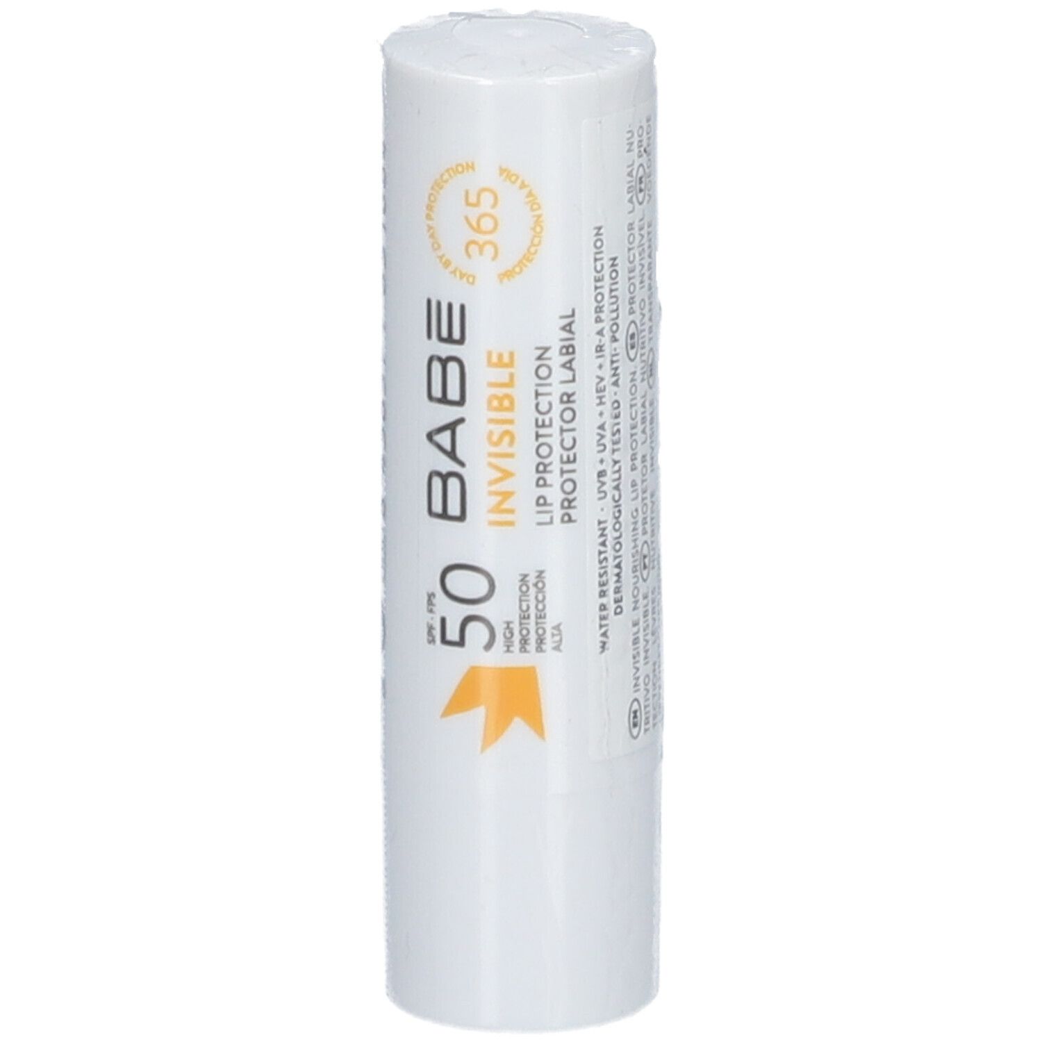 Stick de protection lèvres blanc avec texte BABÉ Invisible Lip Protection SPF50. Graphique et texte jaunes.