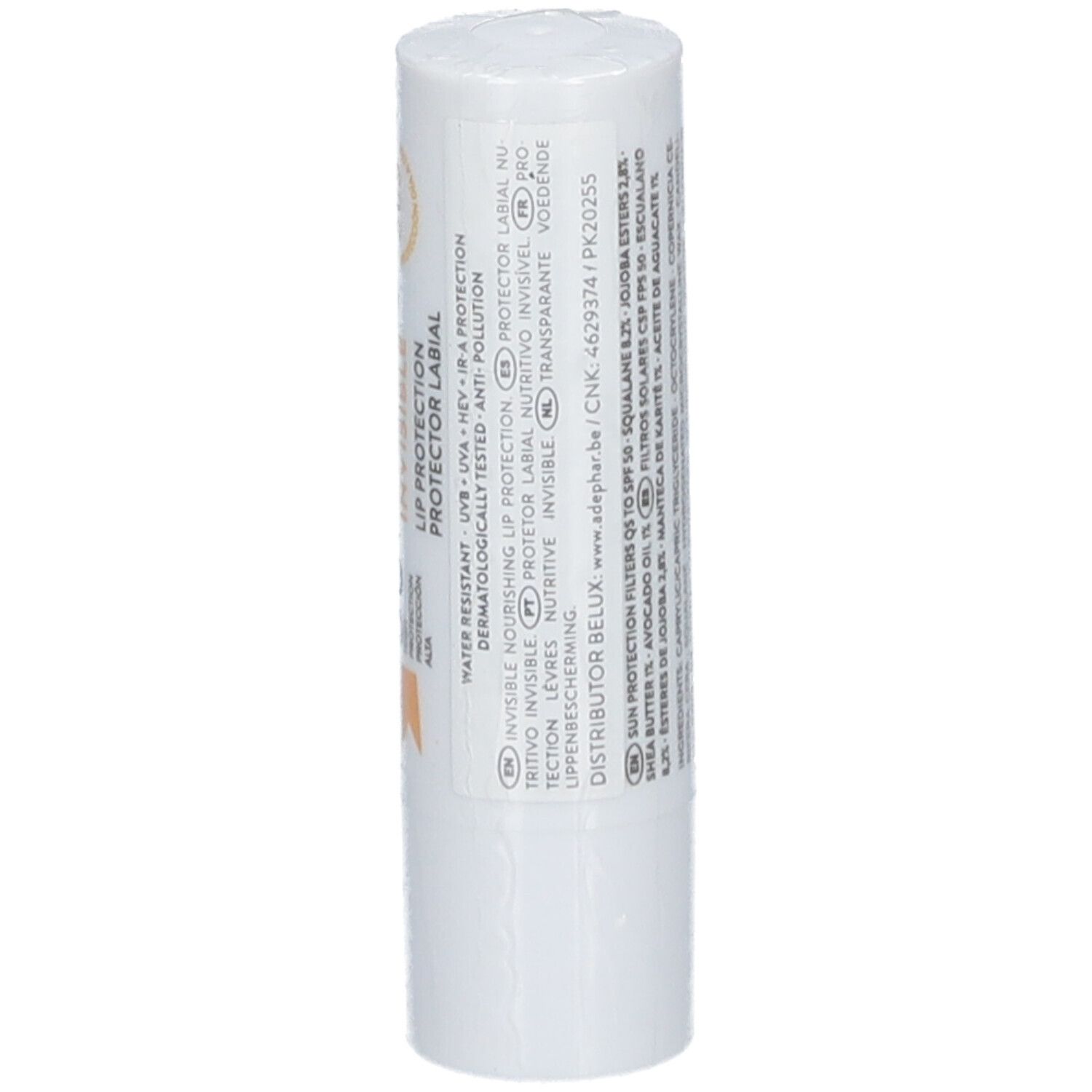 Stick de protection lèvres blanc avec texte et informations sur la composition et le fabricant.