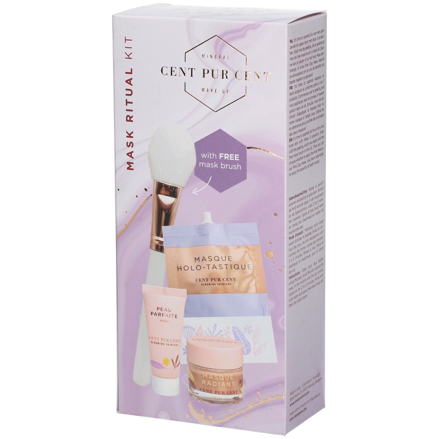 Coffret cadeau avec masques, pinceau et crèmes. Emballage avec nom et logo du produit. Contient un masque, une crème, un tube et un pinceau.