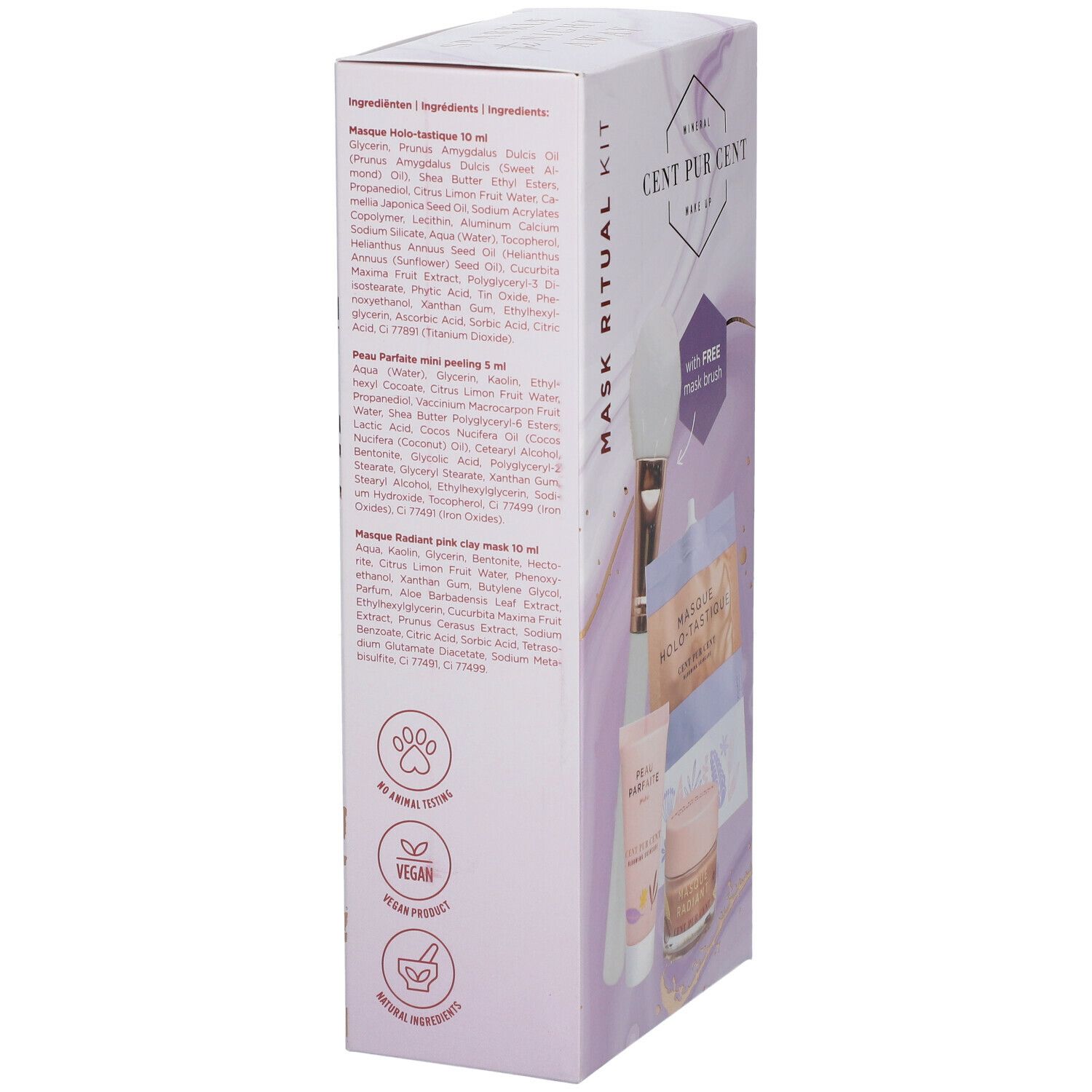 Vue latérale du coffret cadeau avec liste des ingrédients et logos. Contient des informations sur les ingrédients, les labels végétaliens et sans cruauté.