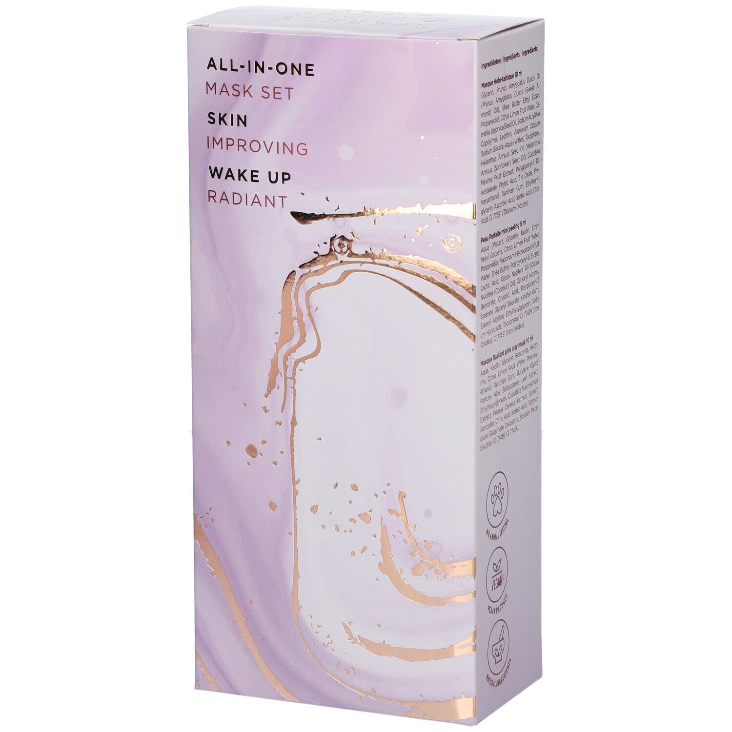 Coffret cadeau avec nom et logo du produit. Inscription : ALL-IN-ONE MASK SET. Amélioration de la peau, réveil, éclat.