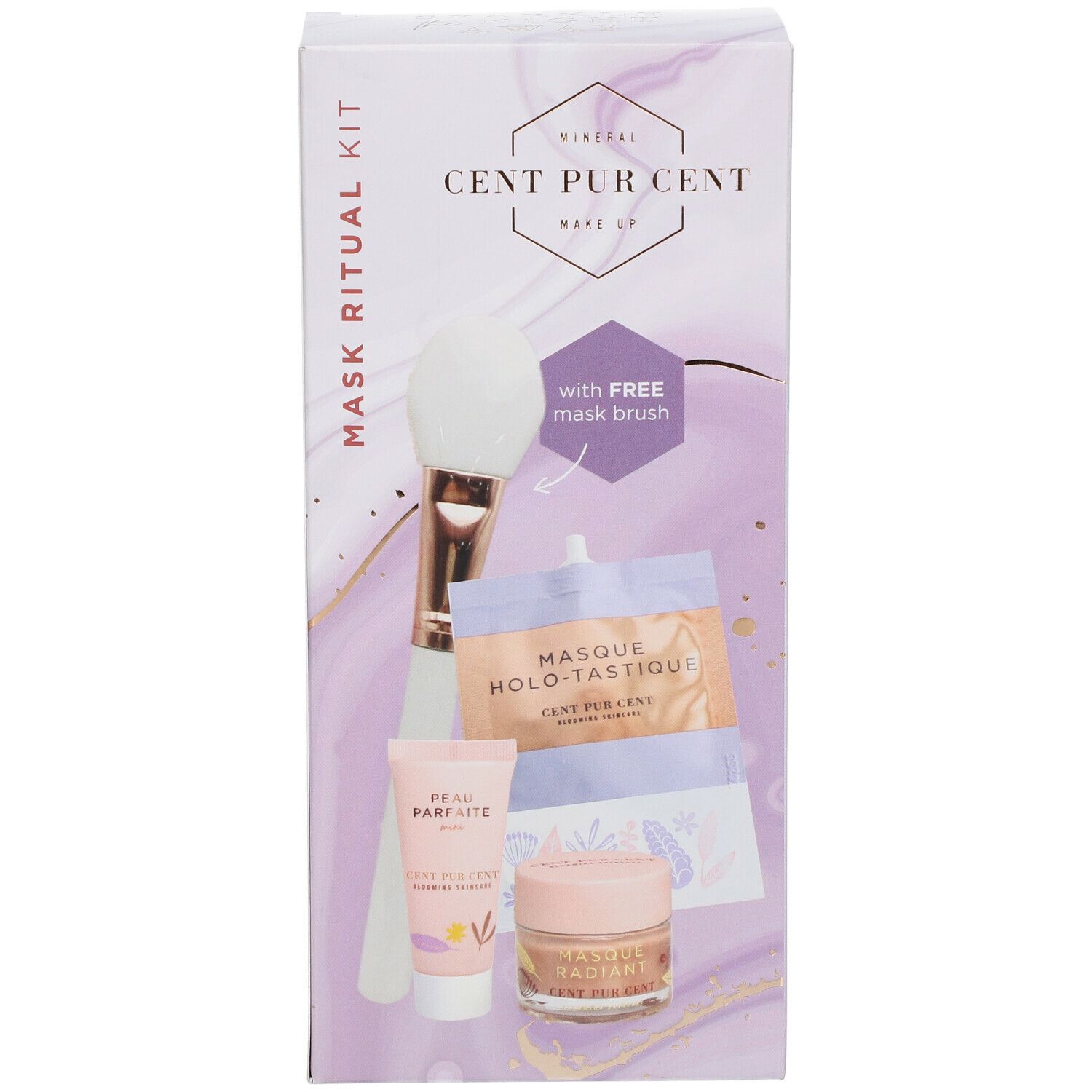 Coffret cadeau avec masques, pinceau et crèmes. Emballage avec nom et logo du produit. Contient un masque, une crème, un tube et un pinceau.