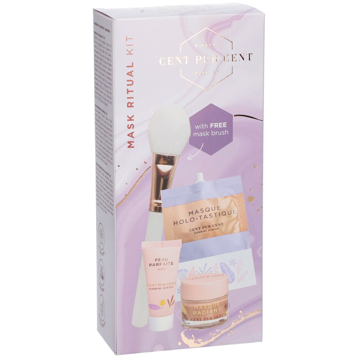 Coffret cadeau avec masques, pinceau et crèmes. Emballage avec nom et logo du produit. Contient un masque, une crème, un tube et un pinceau.