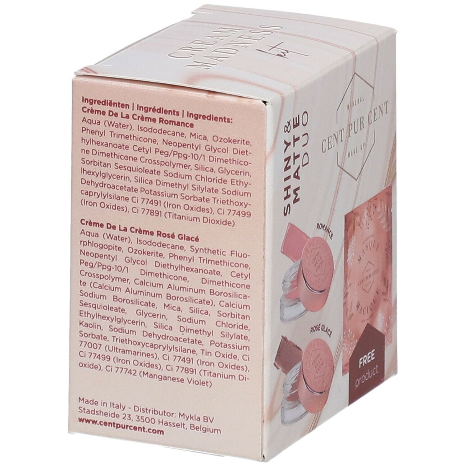 Boîte en carton avec informations produit. Ingrédients et noms de produits. Marque : Cent Pur Cent.