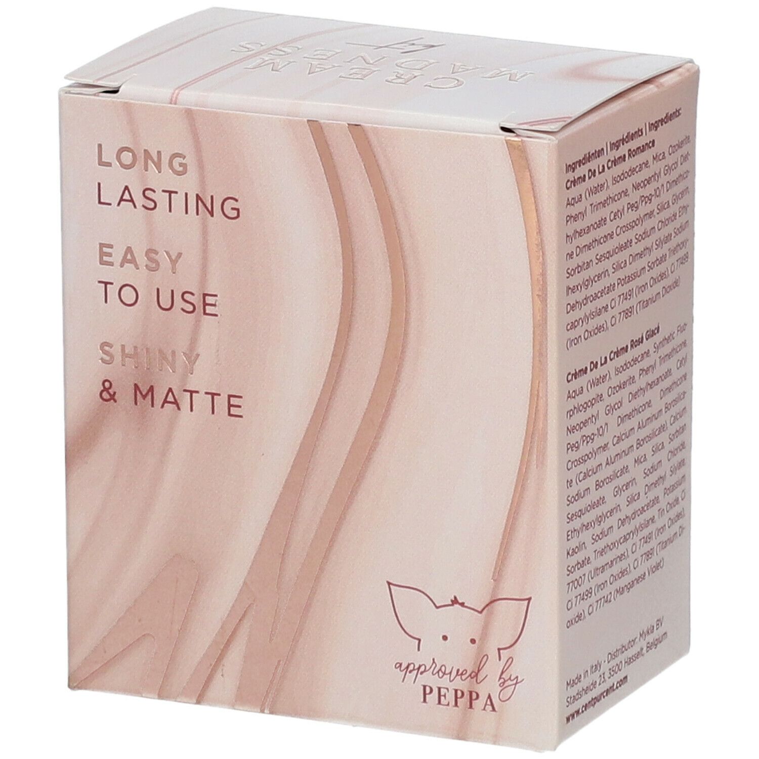Boîte en carton avec texte : Long Lasting, Easy to Use, Shiny & Matte. Logo : Approved by Peppa.