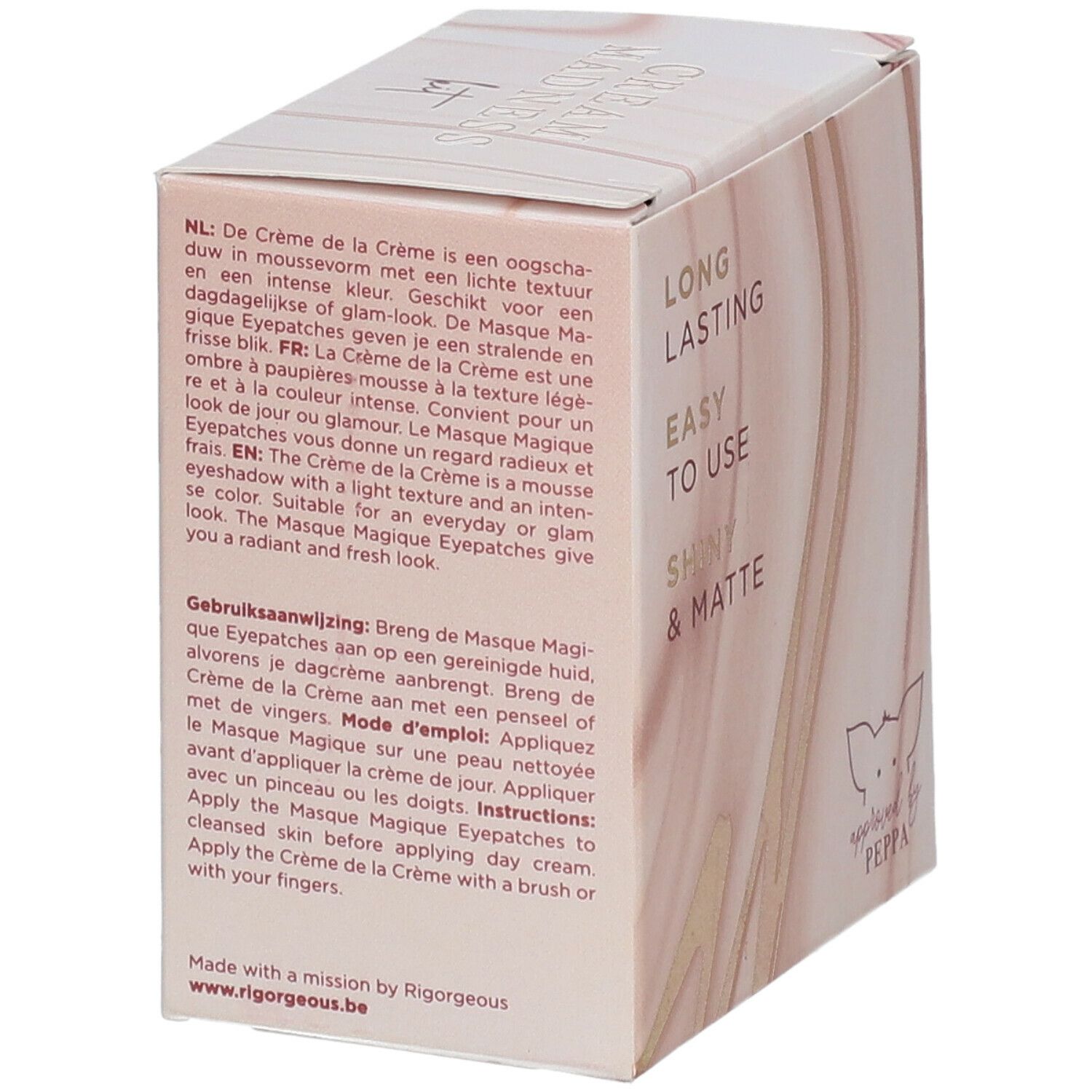Boîte en carton avec texte en néerlandais, français et anglais. Contient un mode d'emploi.