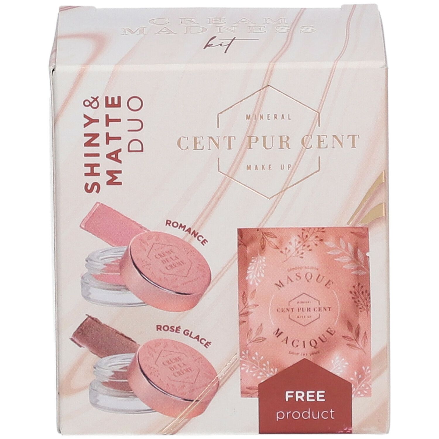 Boîte en carton avec illustrations de produits. Contient deux pots et un échantillon. Marque : Cent Pur Cent.