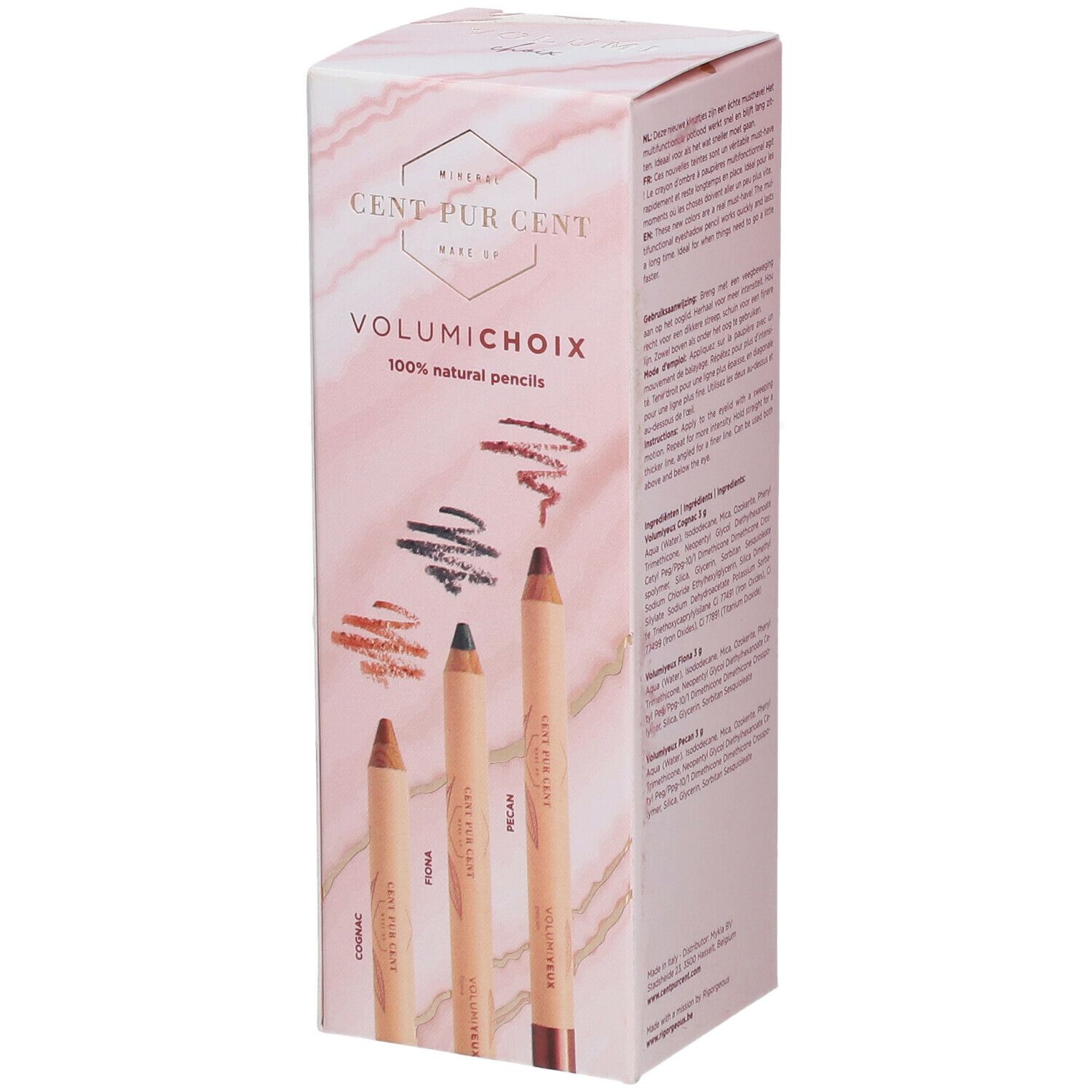 Boîte de CENT PUR CENT Volumichoix. Quatre crayons avec traits de couleur. Emballage rose et blanc avec nom et logo du produit.