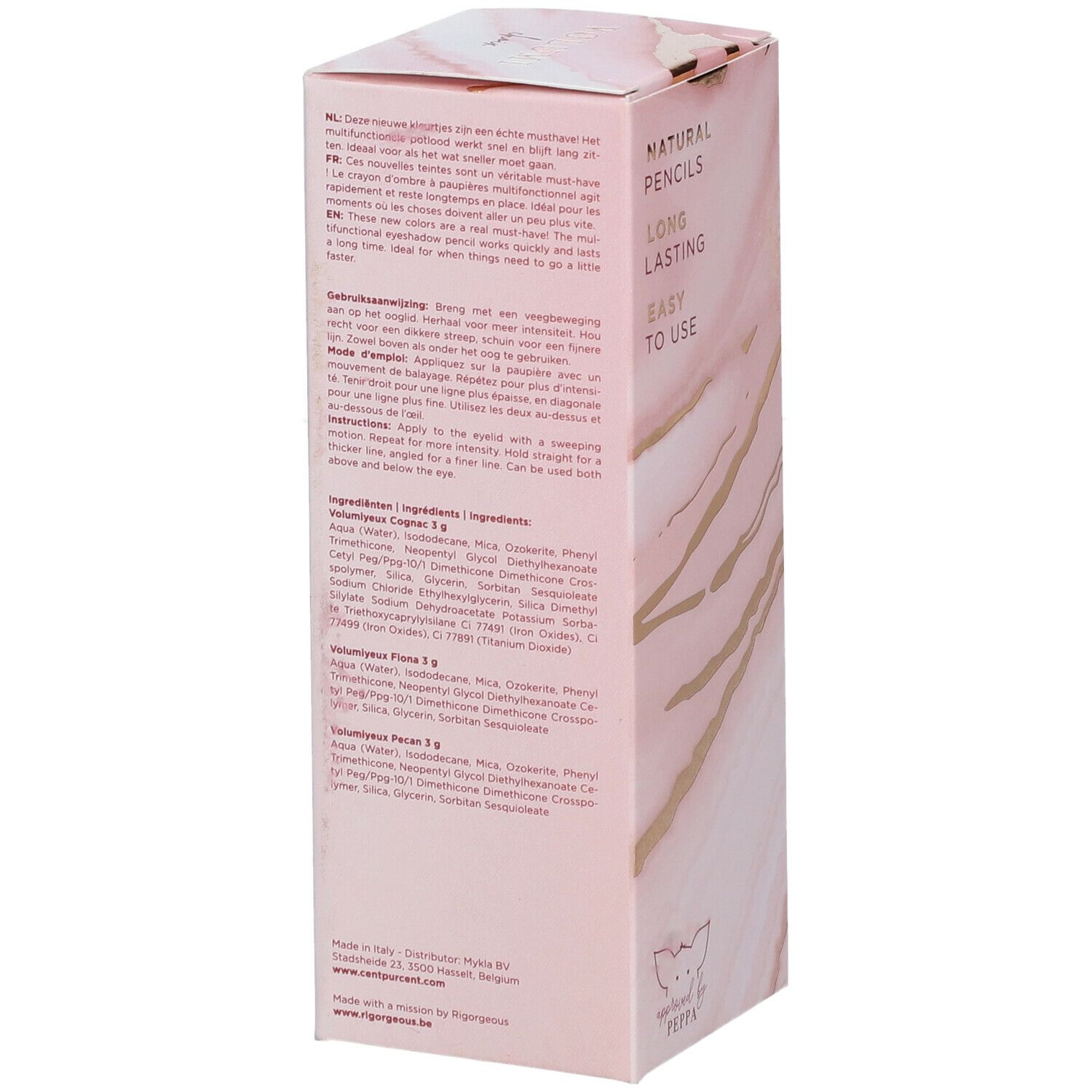 Dos de l'emballage. Texte en plusieurs langues. Ingrédients et informations du fabricant. Motif marbré rose et blanc.