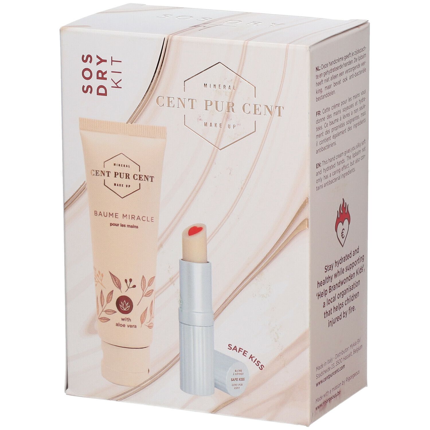 Kit SOS Dry. Contient crème pour les mains et baume à lèvres. Emballage avec nom et logo du produit. Tube de crème et baume à lèvres visibles.