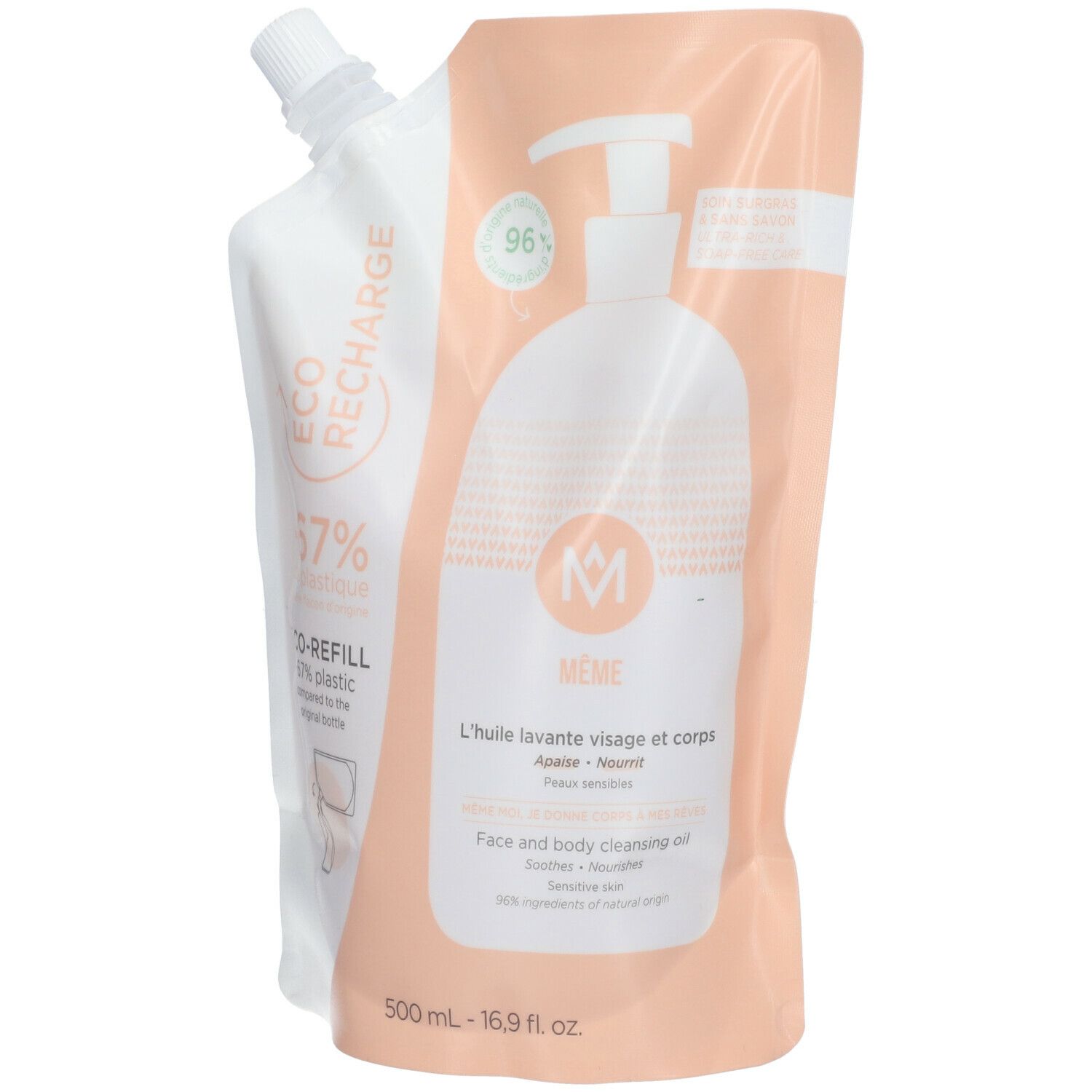 Recharge d'huile lavante visage et corps. Emballage blanc et pêche avec pompe. Contient 500 ml. Marque MÊME.