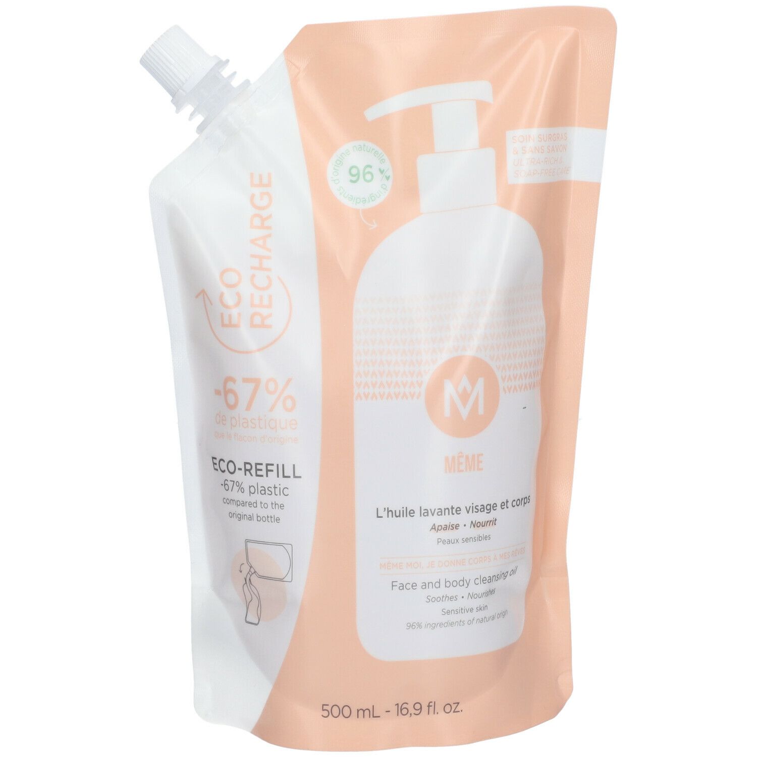 Recharge d'huile lavante visage et corps. Emballage blanc et pêche avec pompe. Contient 500 ml. Marque MÊME.