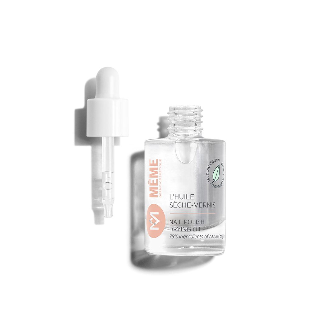 Flacon en verre transparent avec pipette blanche à côté. Inscription : MEME, L'huile sèche-vernis, Nail polish drying oil, 9 ml - 0,3 fl.oz.