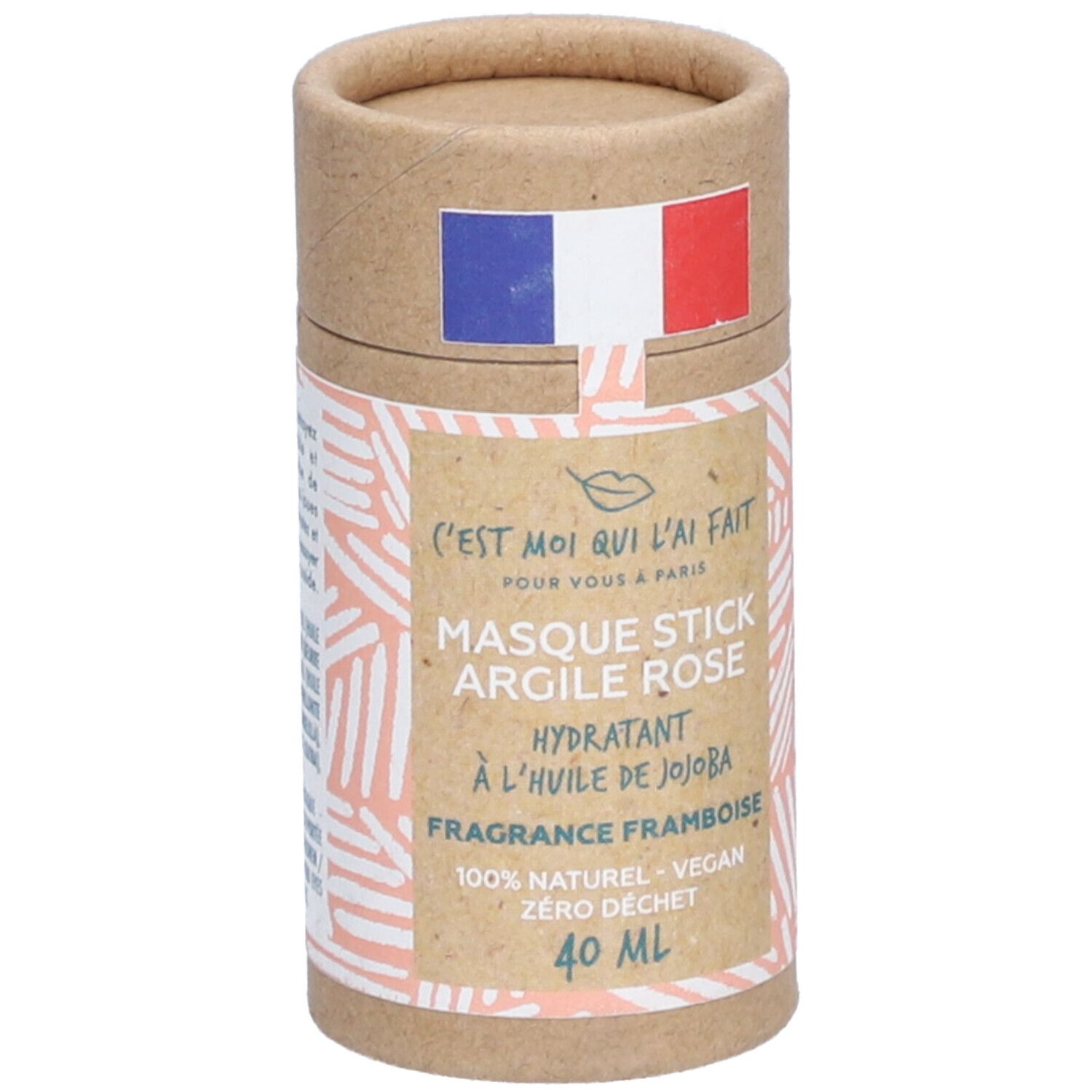 Emballage cylindrique avec drapeau français. Inscription: Masque Stick Argile Rose, 40 ml.