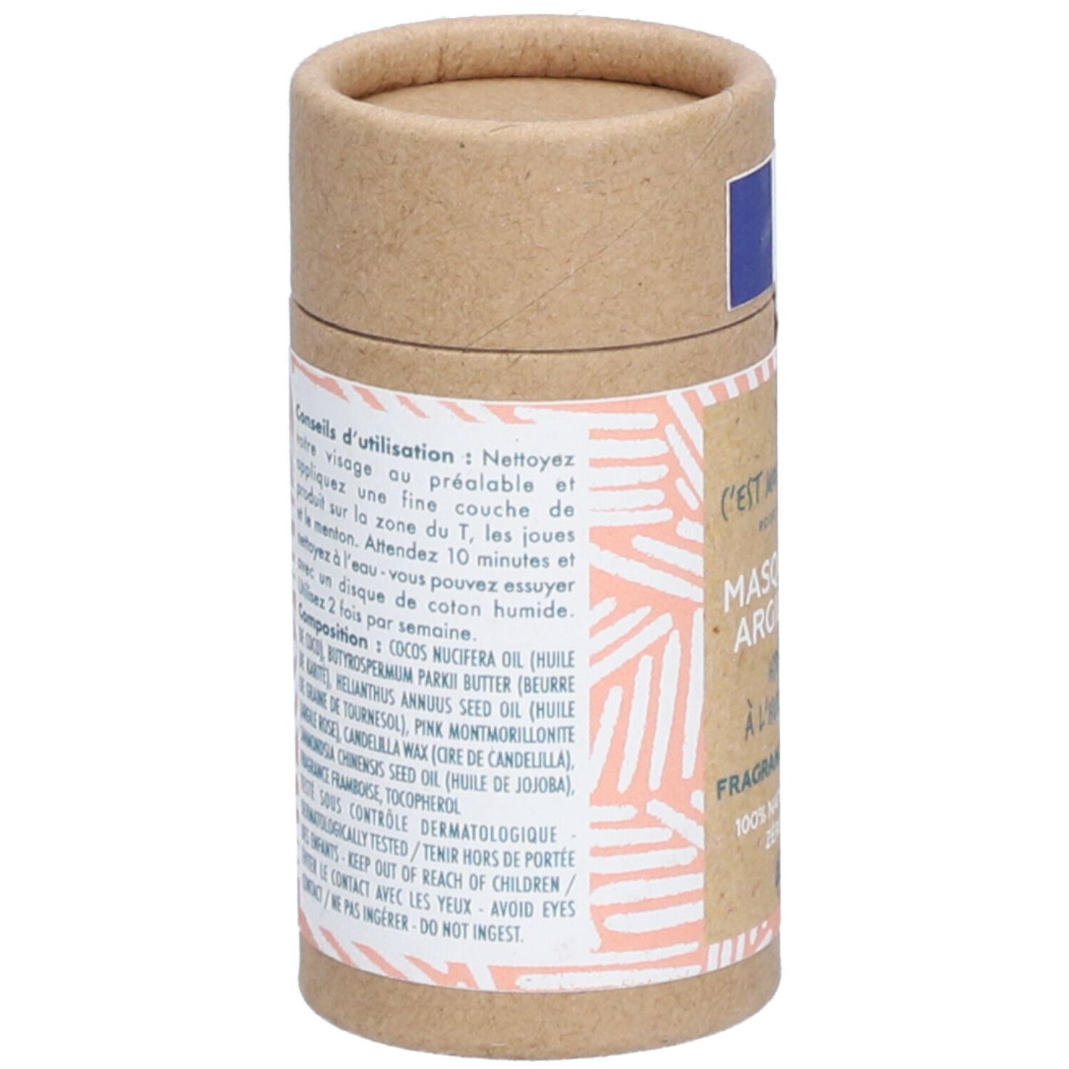 Emballage cylindrique. Inscription: ingrédients, conseils d'utilisation. Texte au dos.