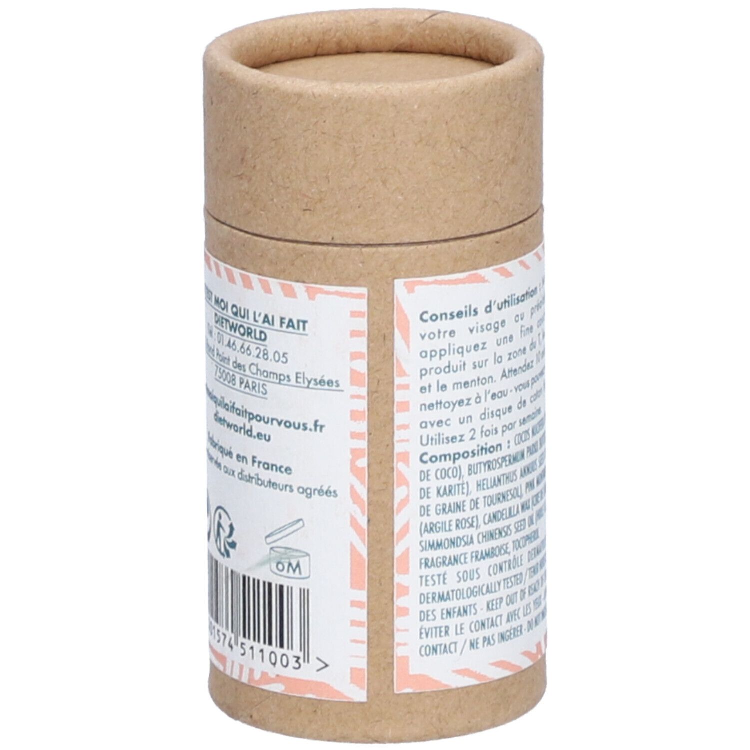 Emballage cylindrique. Inscription: coordonnées, code-barres, symbole 6M.