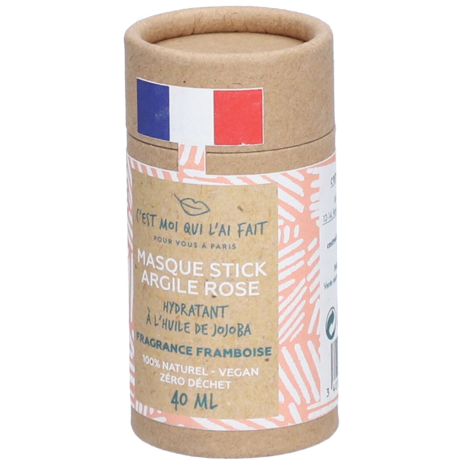 Emballage cylindrique avec drapeau français. Inscription: Masque Stick Argile Rose, 40 ml.