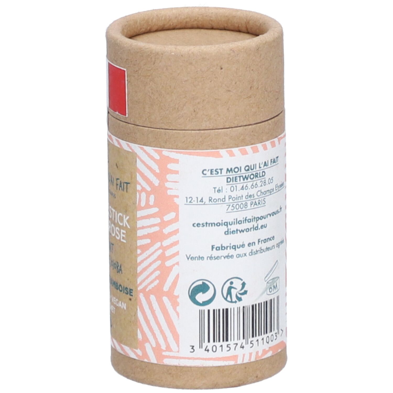 Emballage cylindrique. Inscription: coordonnées, code-barres, symbole 6M.