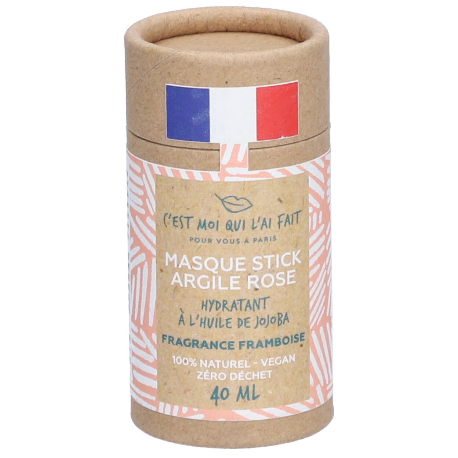 Emballage cylindrique avec drapeau français. Inscription: Masque Stick Argile Rose, 40 ml.