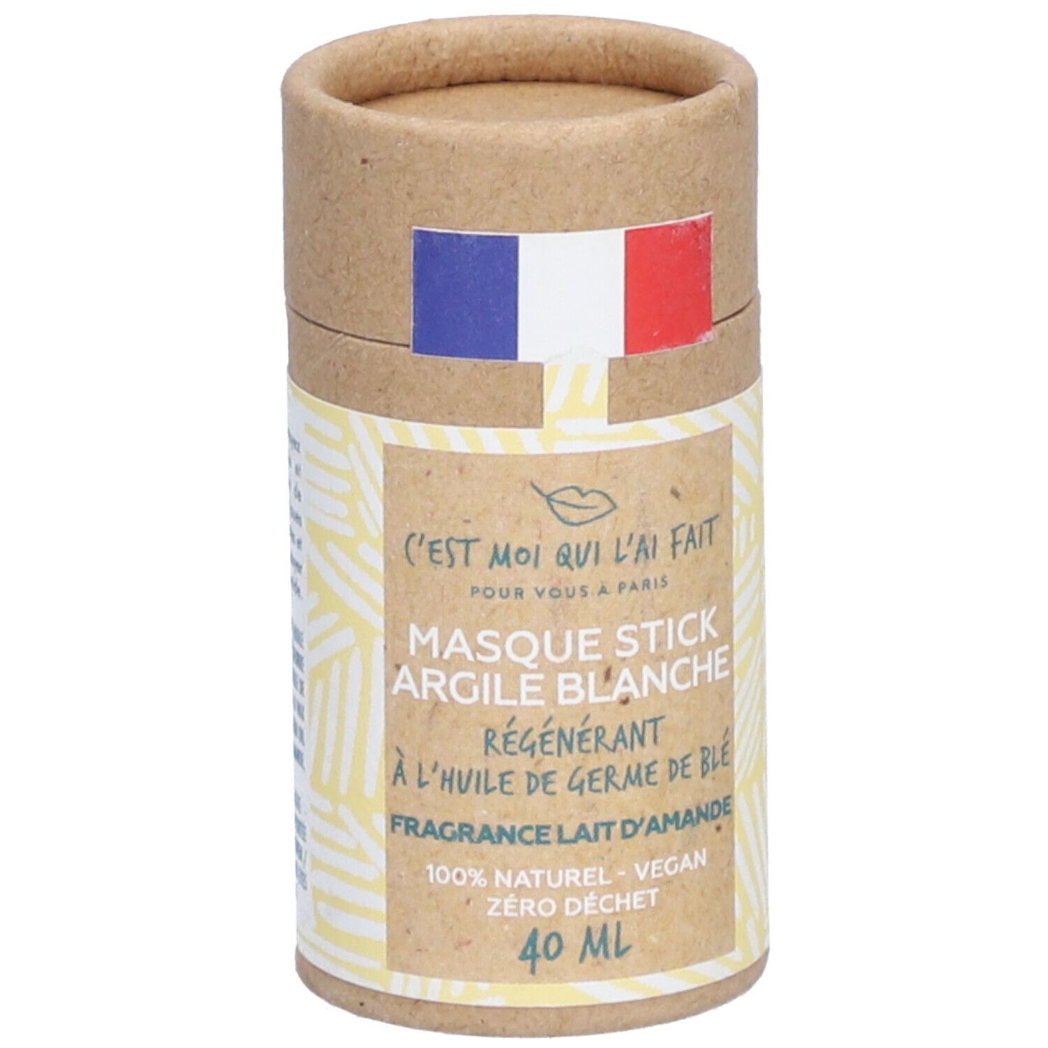 Emballage cylindrique avec drapeau français. Inscription: Masque Stick Argile Blanche, 40 ml.